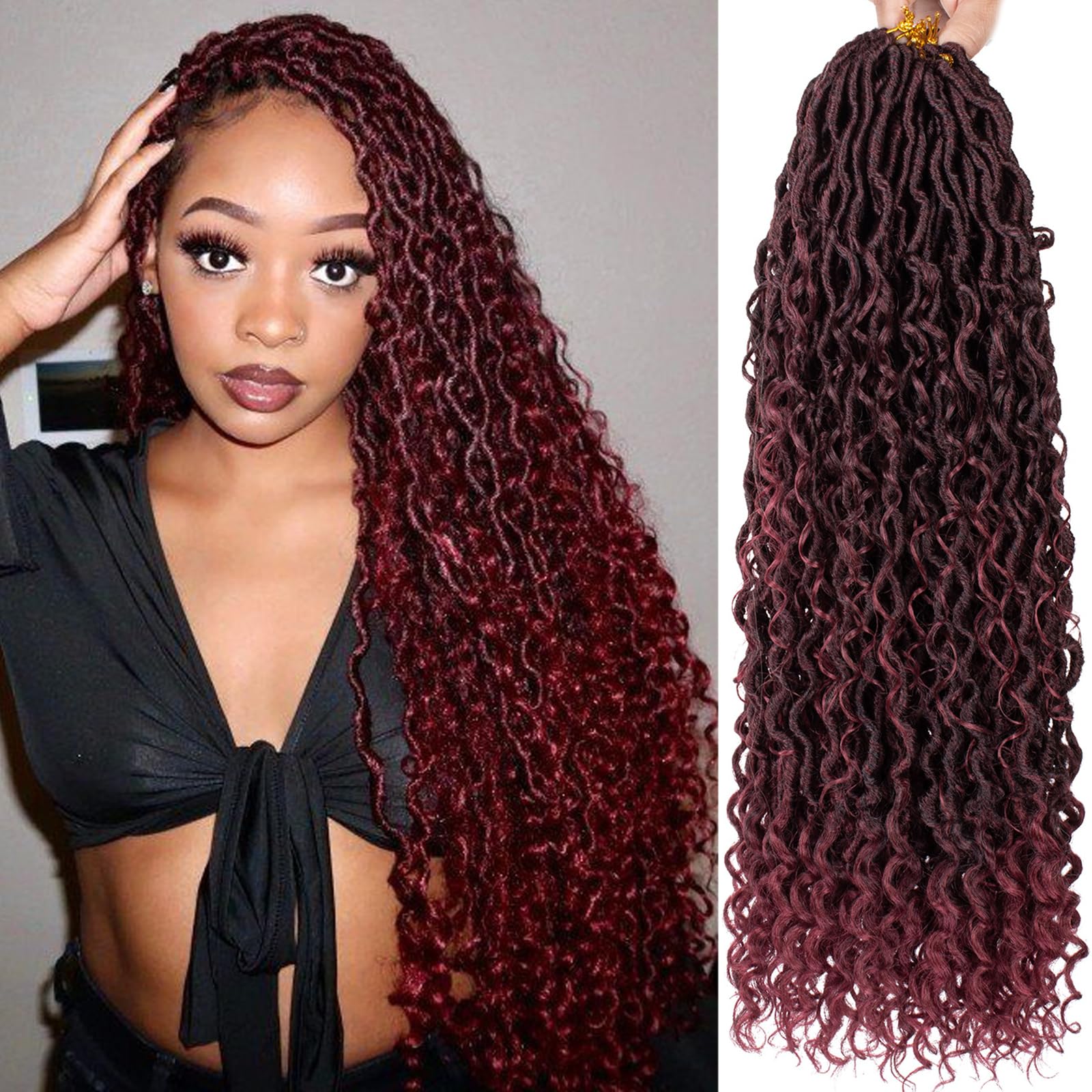 COOKOO 24 Inch Curly Faux Locs Crochet Hair Goddess Locs Crochet Hair 8 Packs Pre-looped Bohemian Locs Crochet Hair for Black Women Soft River Locs