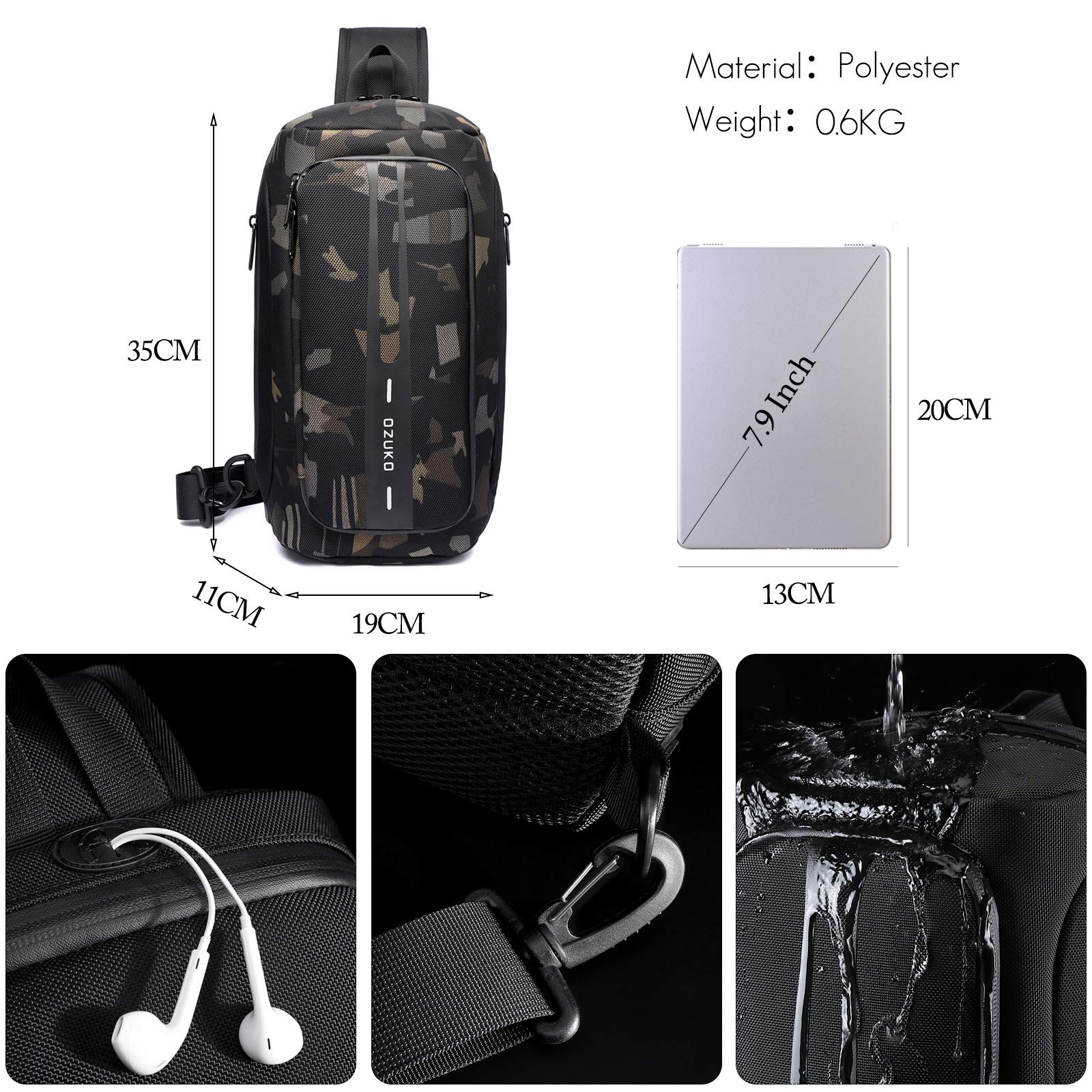 FANDARE Antifurto Zaino Monospalla Zaino Spalla con USB Grande Capacità Borsa a tracolla Uomo Donna Sling Bag Business Borsello a tracolla Borsa a Spalla per Trekking Ciclismo Viaggio Sports Durevole