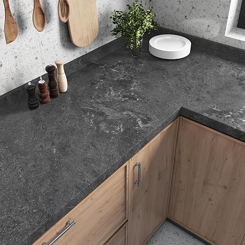 Wallercity Papel tapiz de hormigón negro claro, 15.8 x 394 pulgadas, papel adhesivo de cemento negro para encimeras, rollo de papel de pared grueso