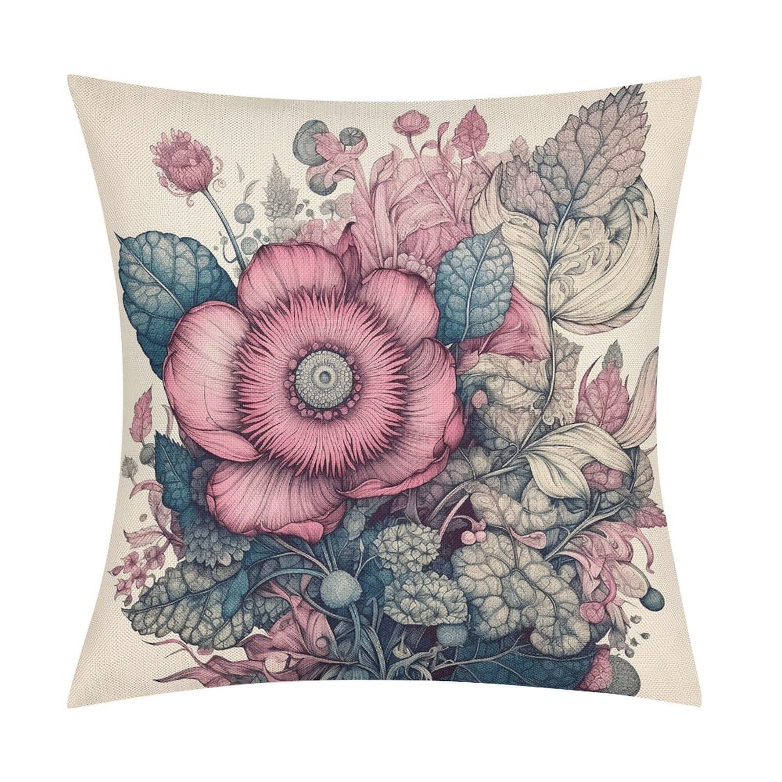 Fodpand Style Drawing Beautiful Flower Pillow Covers 18X18 Inch, Pillow Cases Boho Farmhouse, Throw Pillow Covers For Couch Sofa Bed Spring Home Decor