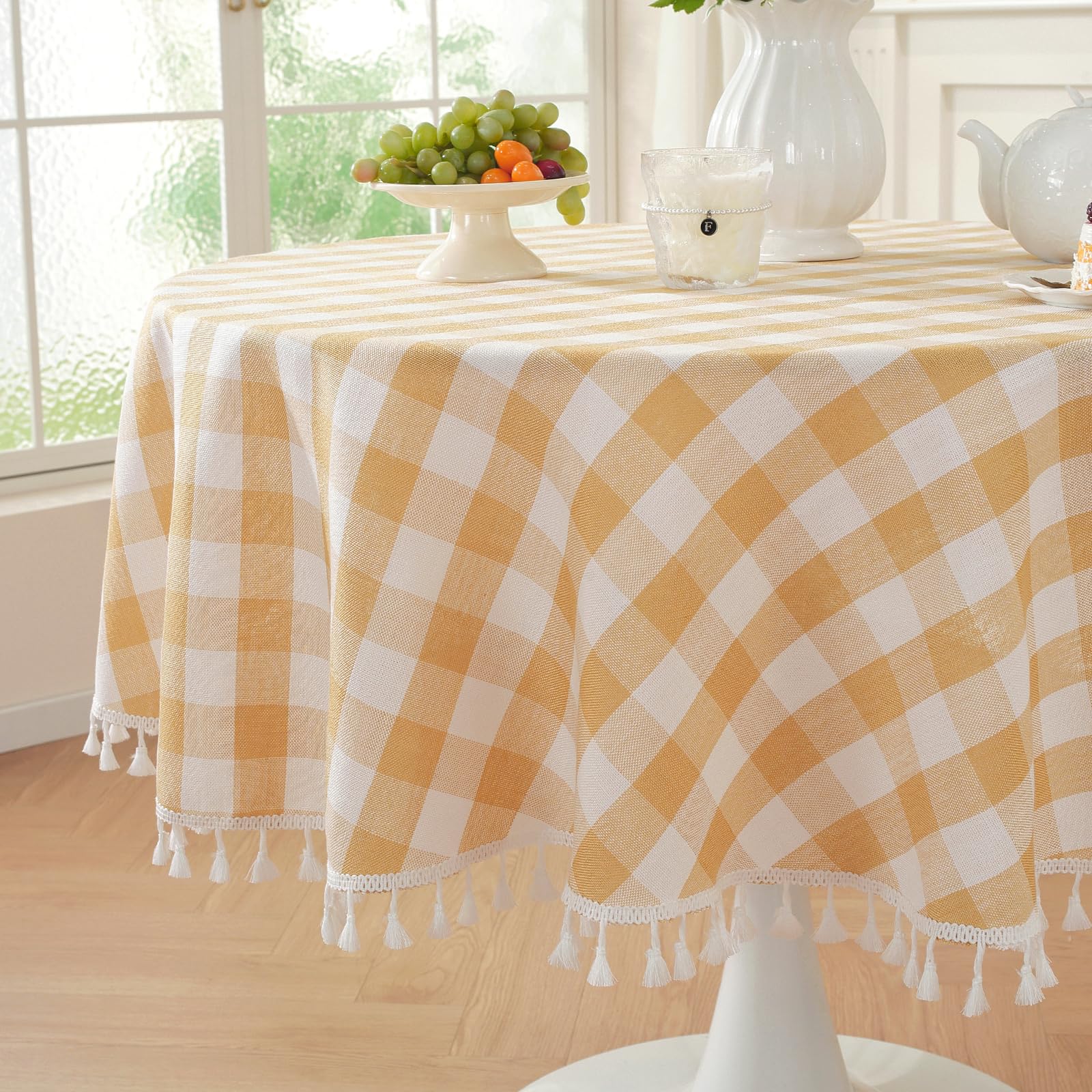 Photo 1 of Laolitou Yellow Checkered 60" Round Tablecloth (Fits 30-48" Table) Washable Buffalo Plaid Table Cloth with Tassel Cotton Linen Gingham Table Cover for Spring Picnic, Yellow, Round