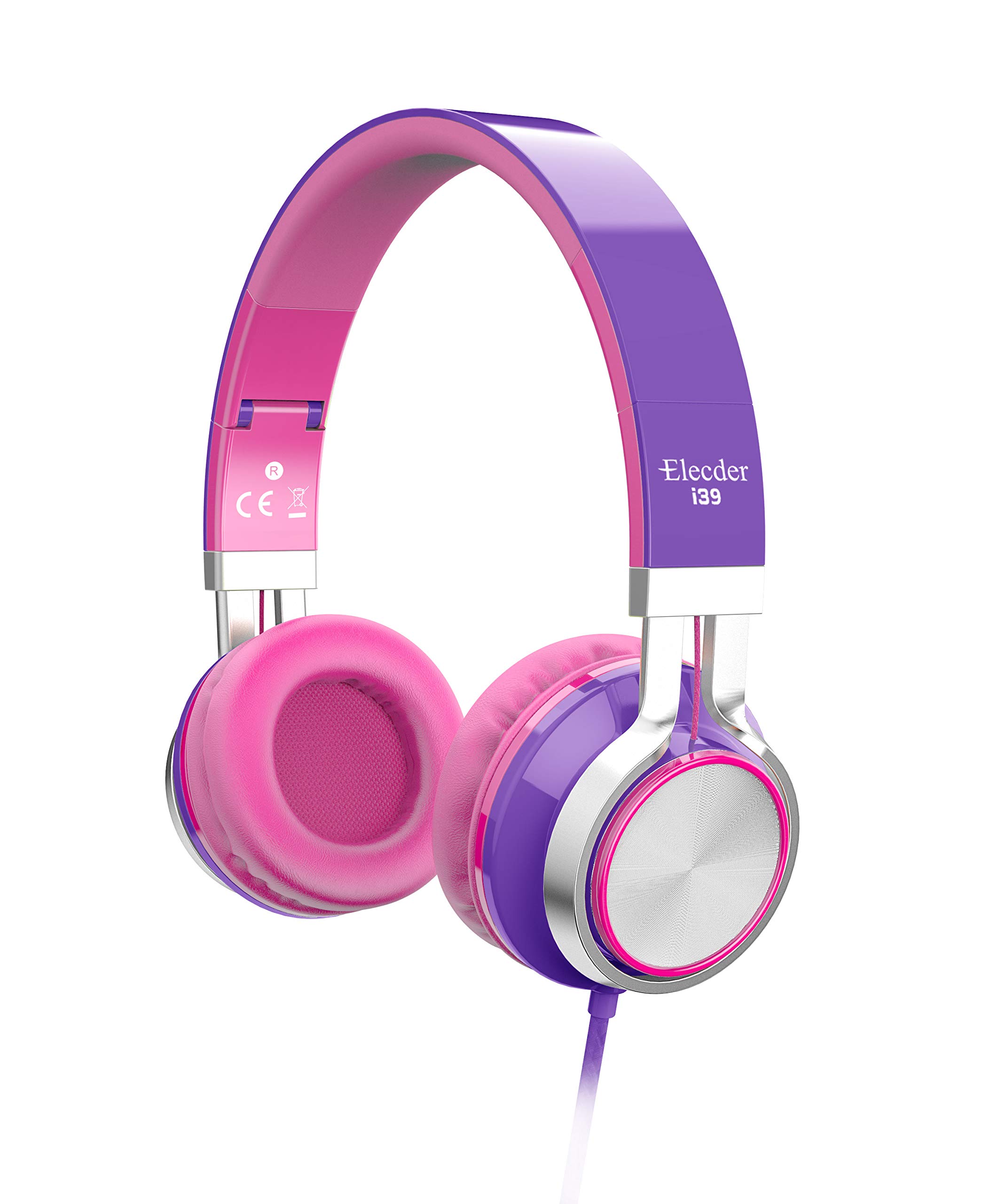 ELECDERi39 Headphones with Microphone Foldable Lightweight Adjustable On Ear Headsets with 3.5mm Jack for Cellphones Computer MP3/4 Kindle School Purple/Pink