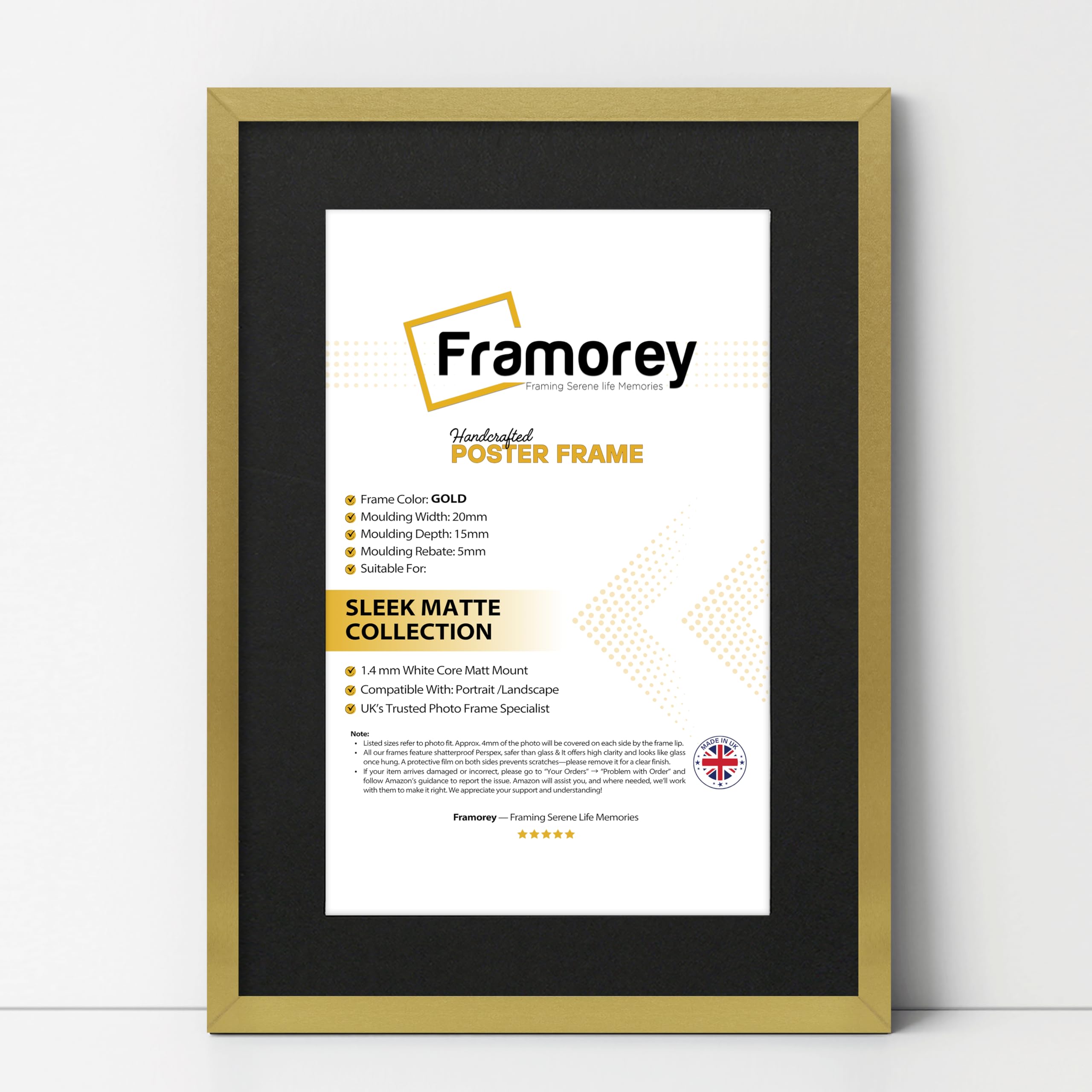 Framorey Framing Serene Life Memories Gold With Black Mount Framorey Thin Matt Gold Photo Frame 24X20" Size Picture Frames With 20X16" Size Black Mount, Flat Wooden Effect Photo Frame, Home Décor Frame, Wall Art Poster Frame