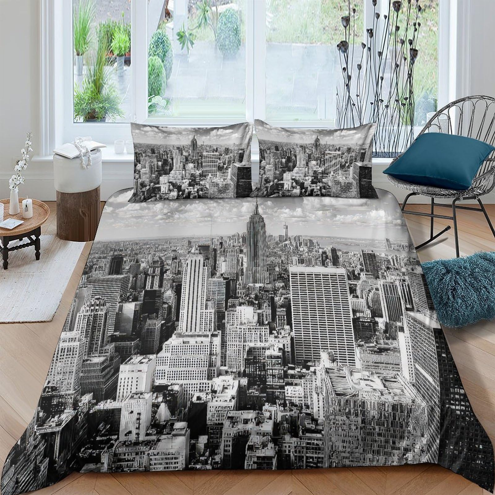 Ctjqhvkz Style-8 3D Printed New York City Fitted Sheet Microfiber Black White Urban Skyline Bed Cover For Bedroom Decor Protection Single（135X200cm）