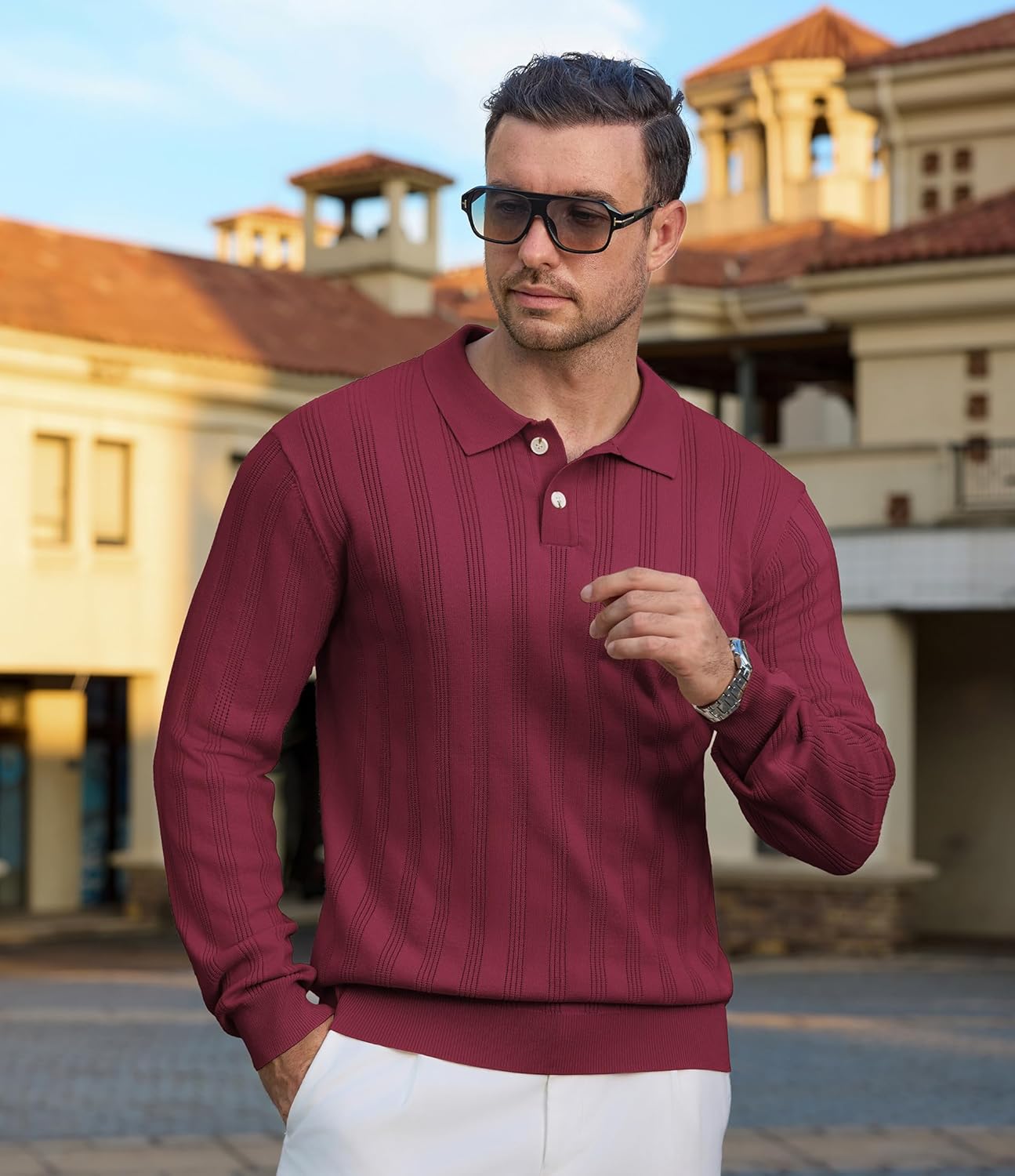 Mens Knit Polo Shirt Regualr Fit Lightweight Soft Casual Long Sleeve Striped Golf Polo Shirts - Image 4