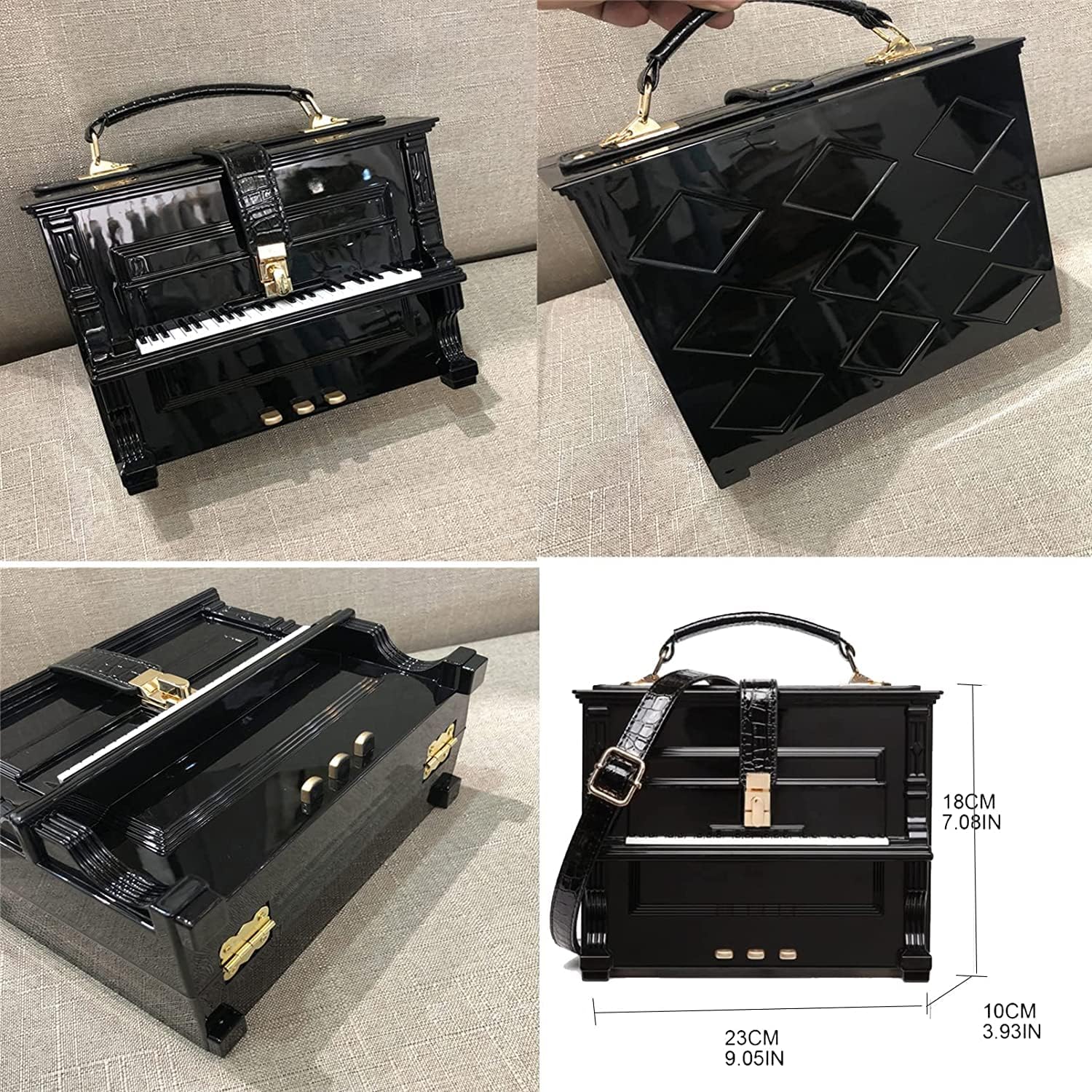 Fashion Piano Shape Women Handbag Box Shaped Women Purses and Handbags Designer Shoulder Bags Crossbody Handbag Ladies Party Handle Clutch Bag (A) image 3