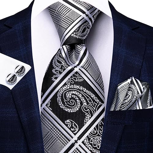 Miniatura 3 de Hi-Tie Conjunto de gemelos clásicos con corbata a cuadros para hombre M