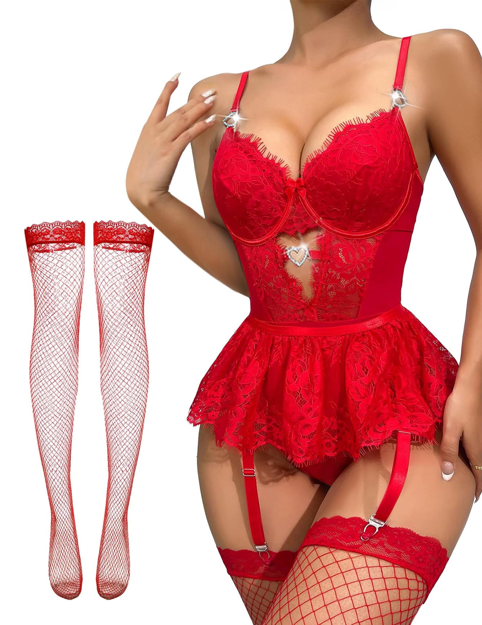 Alrovetoney Women Lingerie Set Naughty Lace Bodysuit High Waisted Underwire Lingerie Babydoll With Garter Belt and Stockings