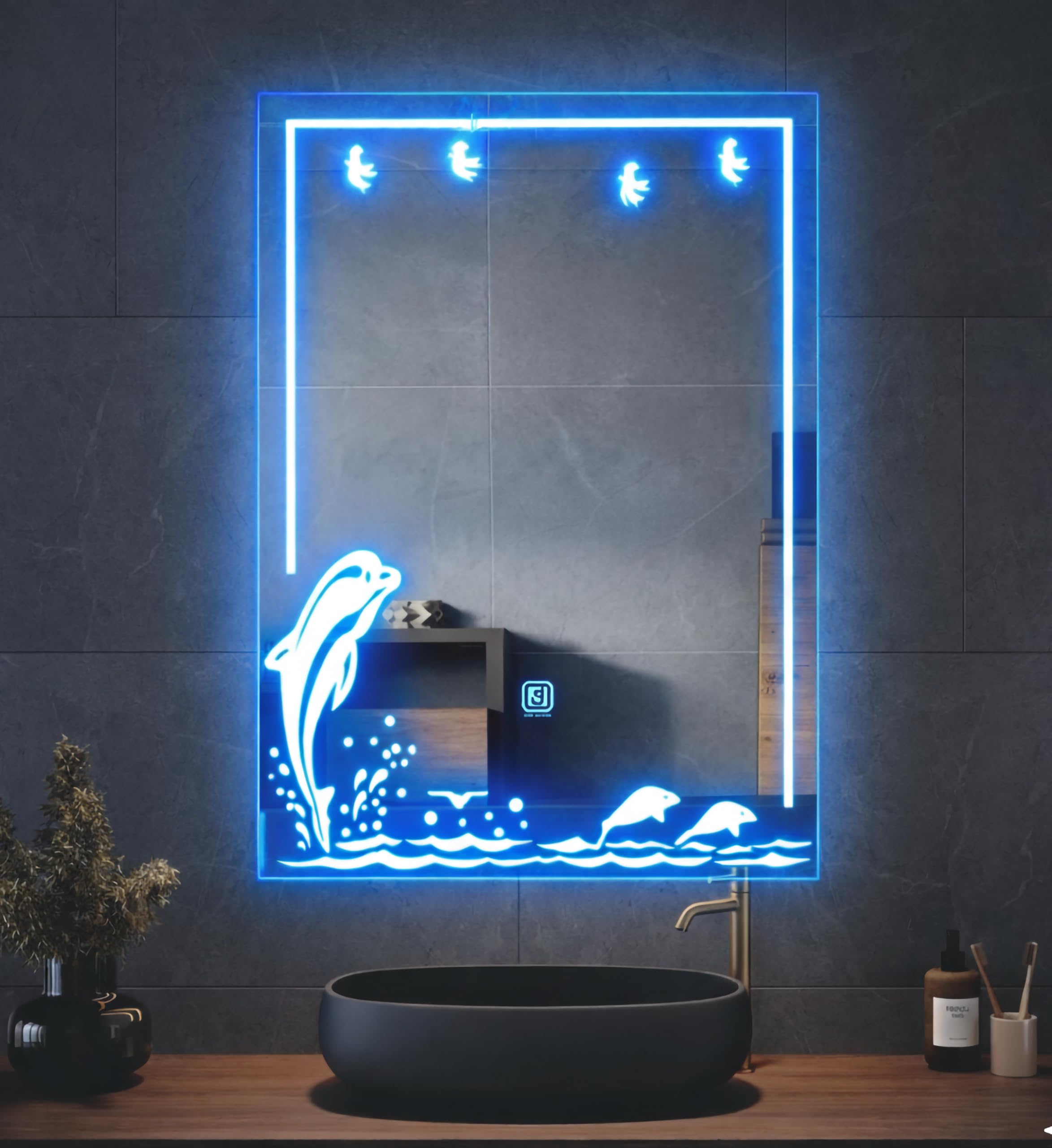 SAINI DARPAN Dolphin LED Bathroom Mirror with Blue Neon Light | Touch Sensor Backlit Vanity Mirror |Waterproof Decorative Mirror for Home, Hotel & Wash Basin (Size-18x24)