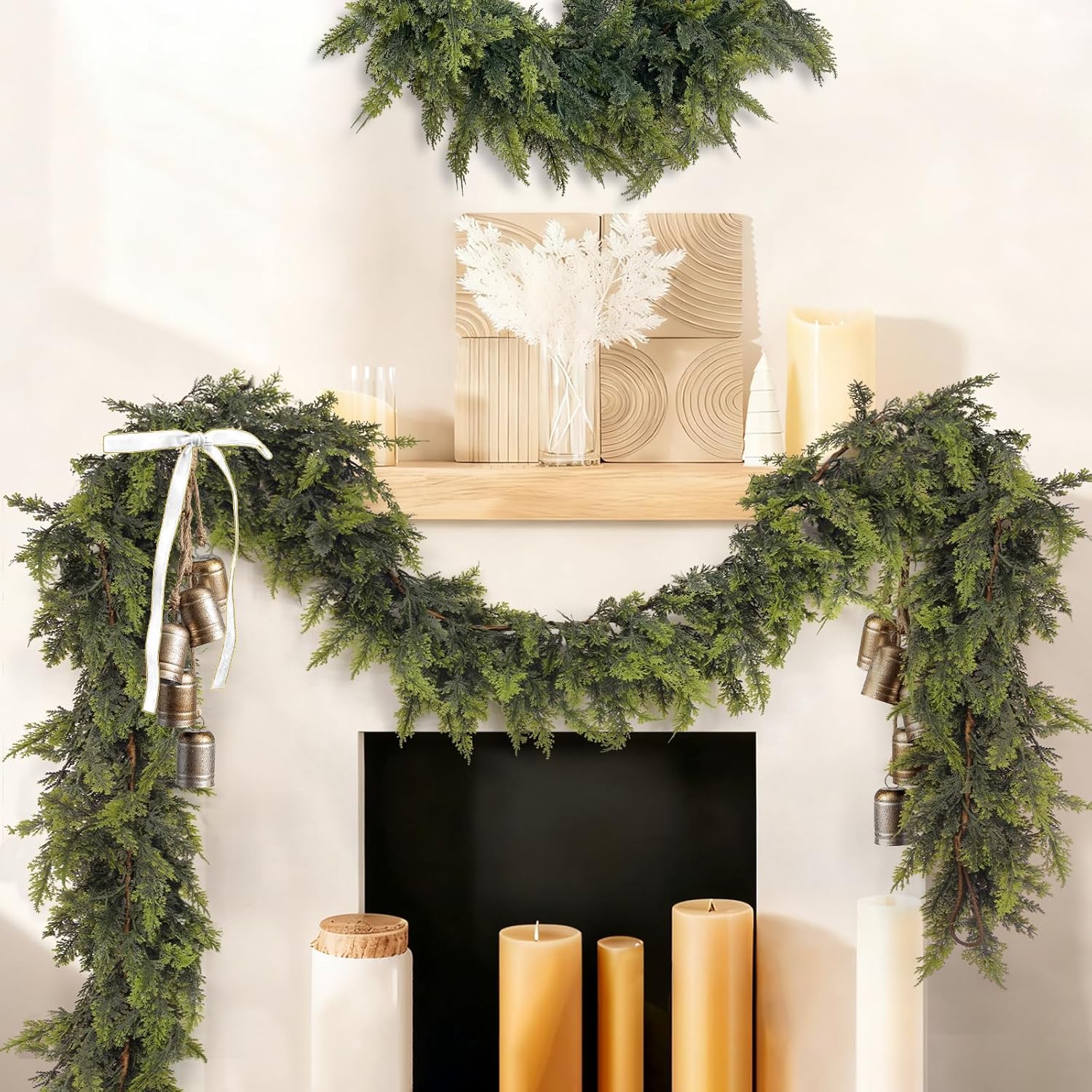 Realistic Christmas Cedar Garland 9 Ft, Real Touch Faux Christmas Cypress Garland Green Thick and Lush Artificial Cedar Pine Greenery for Mantle, Stairs, Fireplace, Indoor & Outdoor Decor