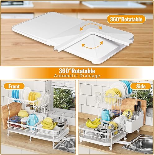Miniatura 3 de YKLSLH Escurridor de platos expandible estante de secado grande de 2 niveles para encimera de cocina con escurridor soporte de vidrio soporte para