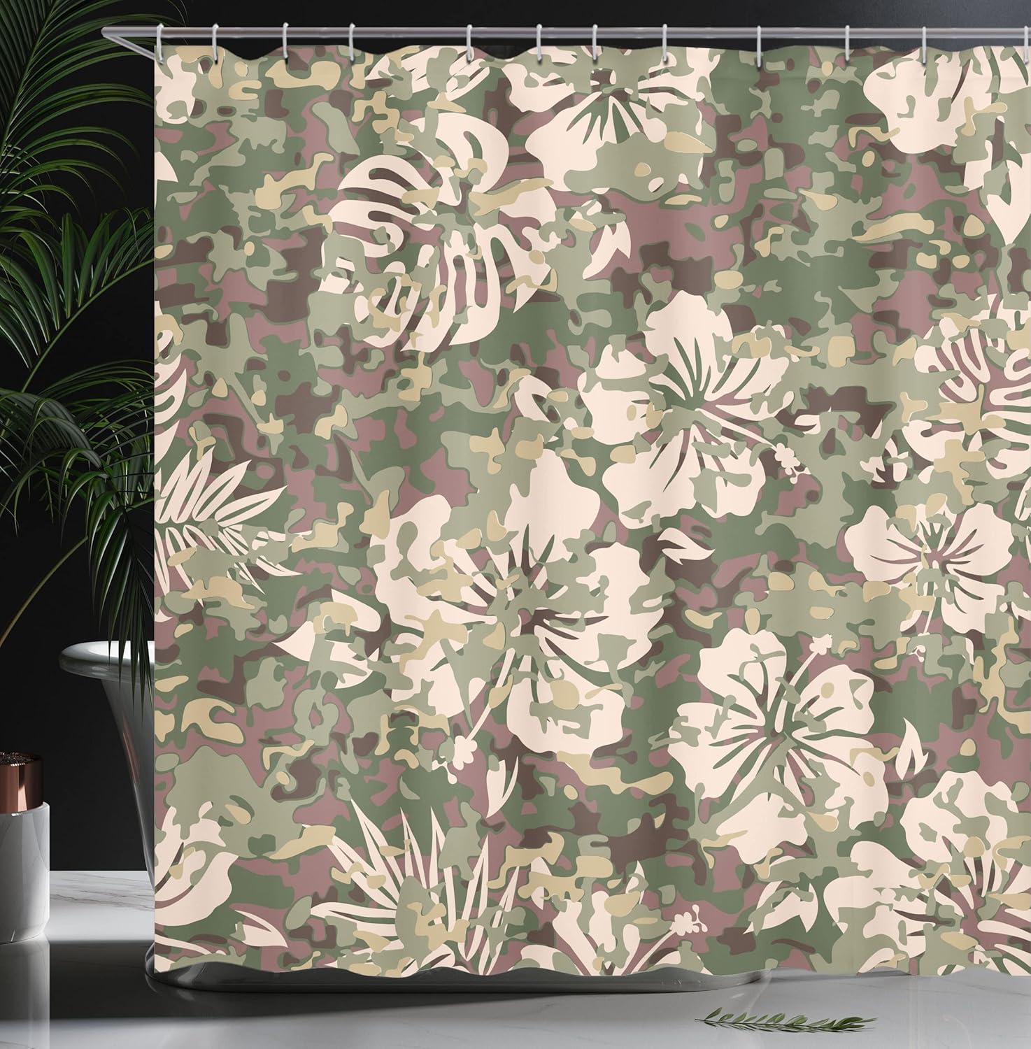 Ambesonne Camo Shower Curtain, Aloha Hawaiian Tropical Jungle Forest Hibiscus Flowers Leaves Nature, Cloth Fabric Bathroom Decor Set with Hooks, 69" W x 75" L, Dark Brown Pale Pink