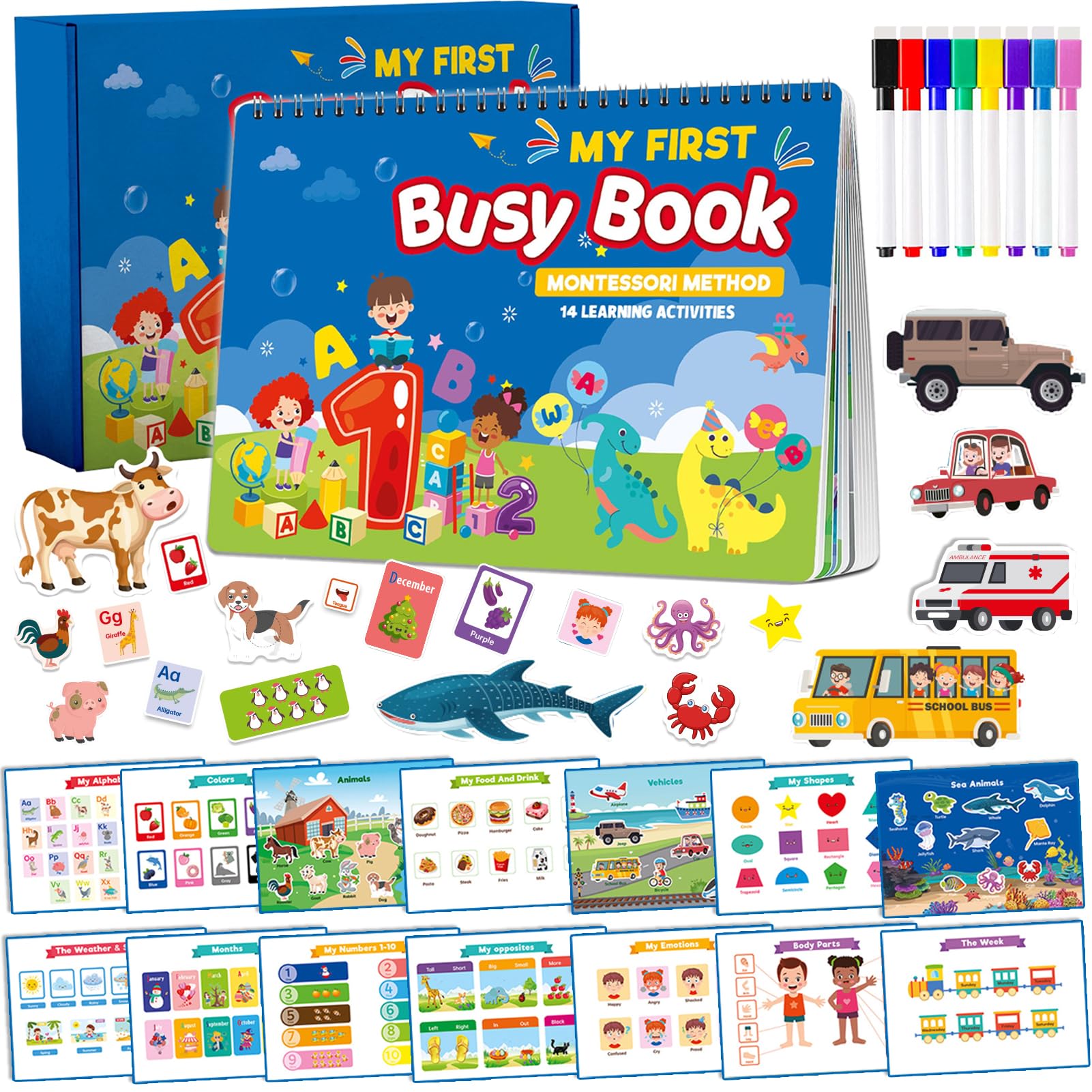 TEUVO Montessori Quiet Book per Bambini 1 2 3 4 5 6 Anni 14 Temi Preschool Libri Sensoriali Busy Book per Bambini Viaggi Libro Sensoriale Attacca Stacca Educativi Autismo Giochi Regali Ragazzi Ragazze
