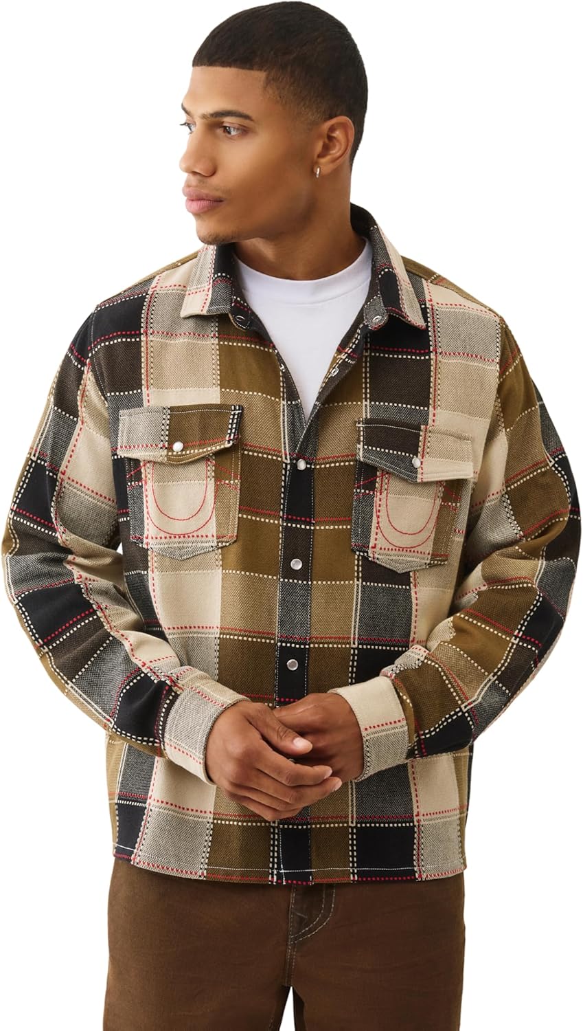 True Religion Men's LS Stitch Plaid Big T Western Cropped Shirt – Long Sleeve Button - Image 6