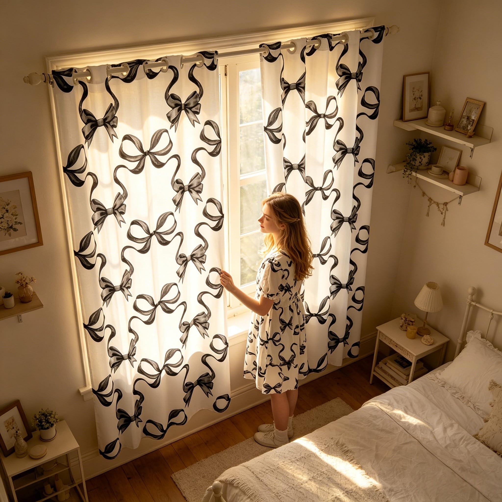 feelingyou Black Bowknot Curtains for Windows,Princess Style Watercolor Bow-tie Curtains for Living Room,Fairy Tale Bow Ribbon Stripes Black White Blackout Drapes 2 Panel Sets,66x72L