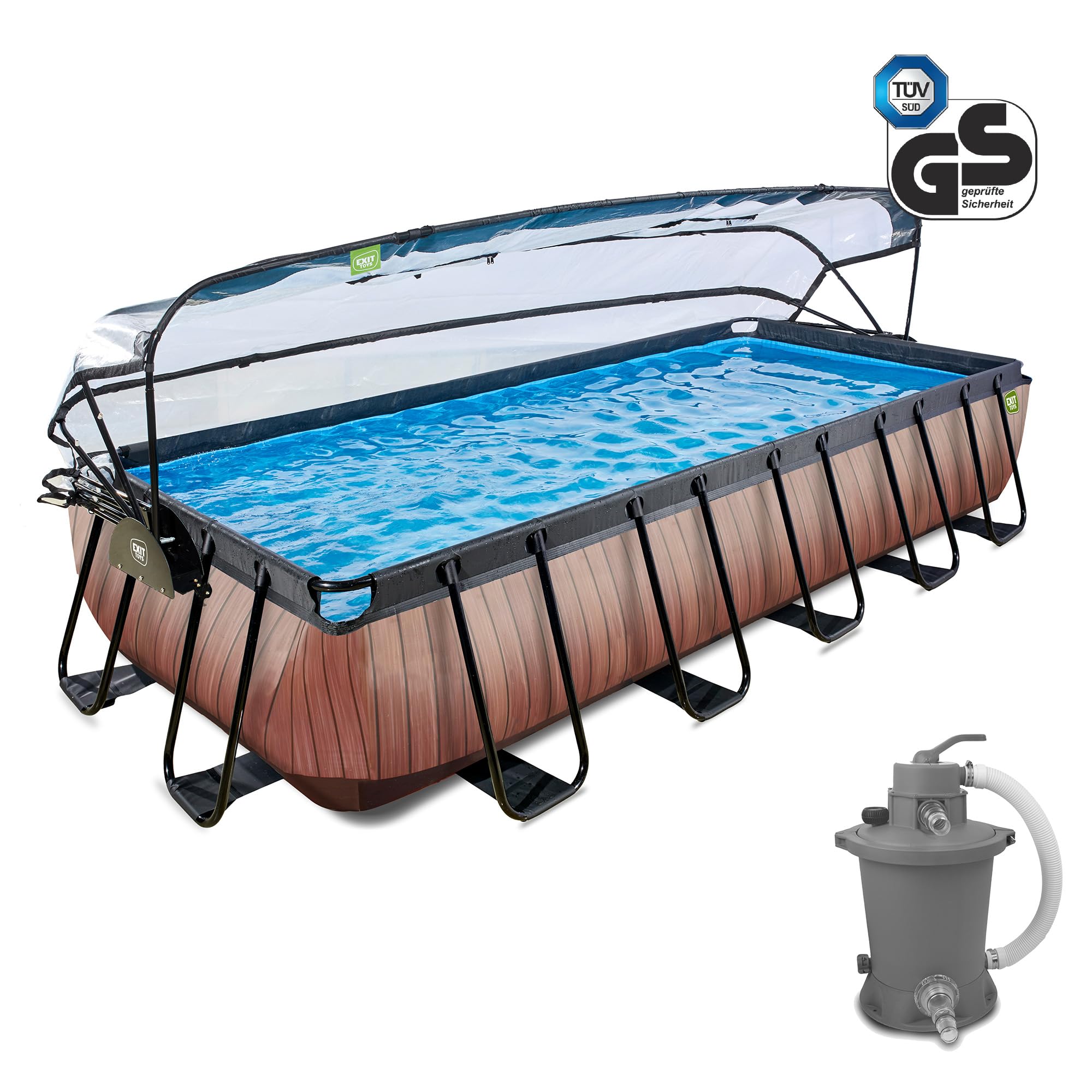 EXIT Toys Piscine Hors Sol Rectangulaire 540 x 250 x 100 cm avec Dôme et Pompe à Sable – Piscine Tubulaire pour Famille – Cadre en Acier – TÜV CE en 16582 – Wood – Marron