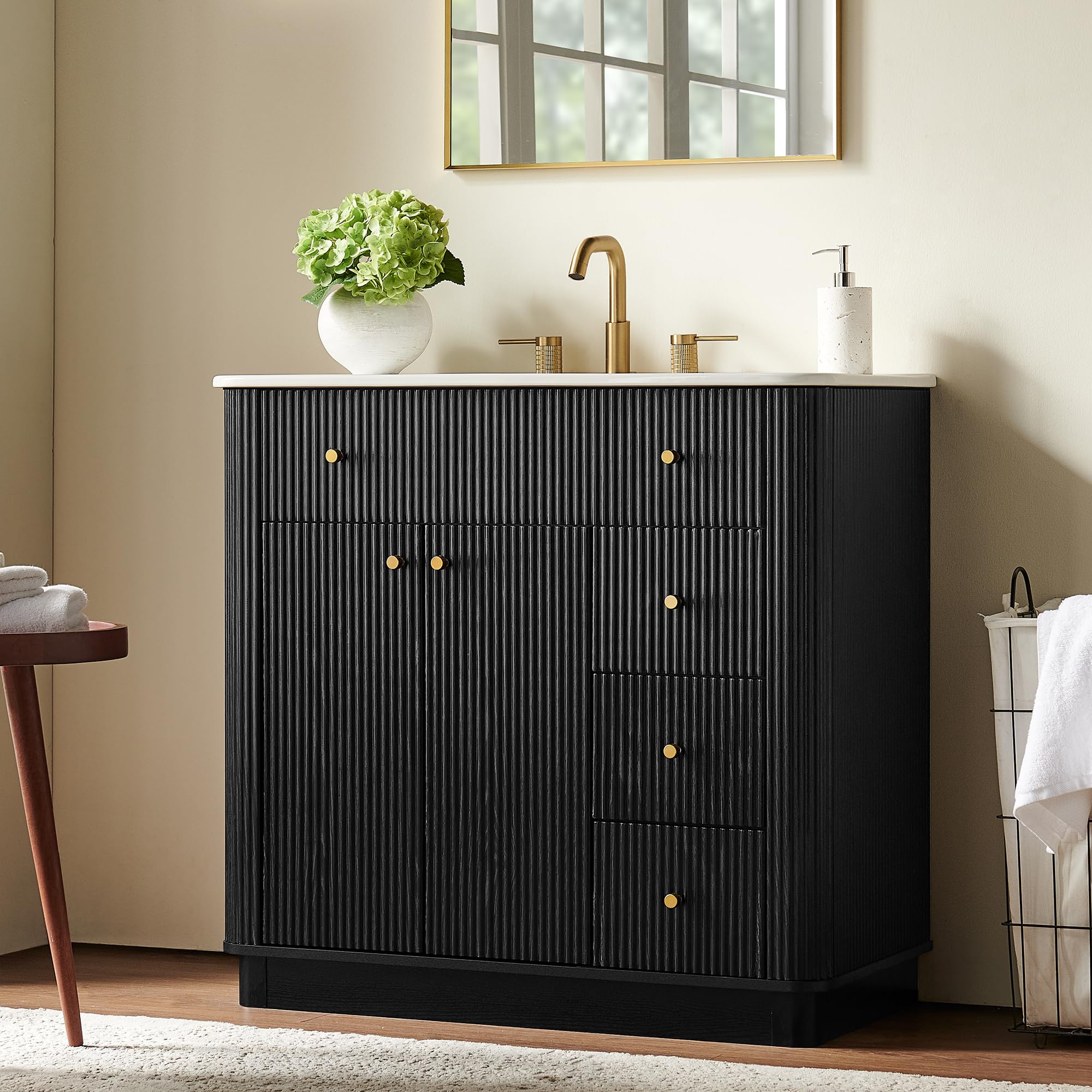 T4TREAM 36 Inch Fluted Bathroom Vanity with Single Sink Black Oak