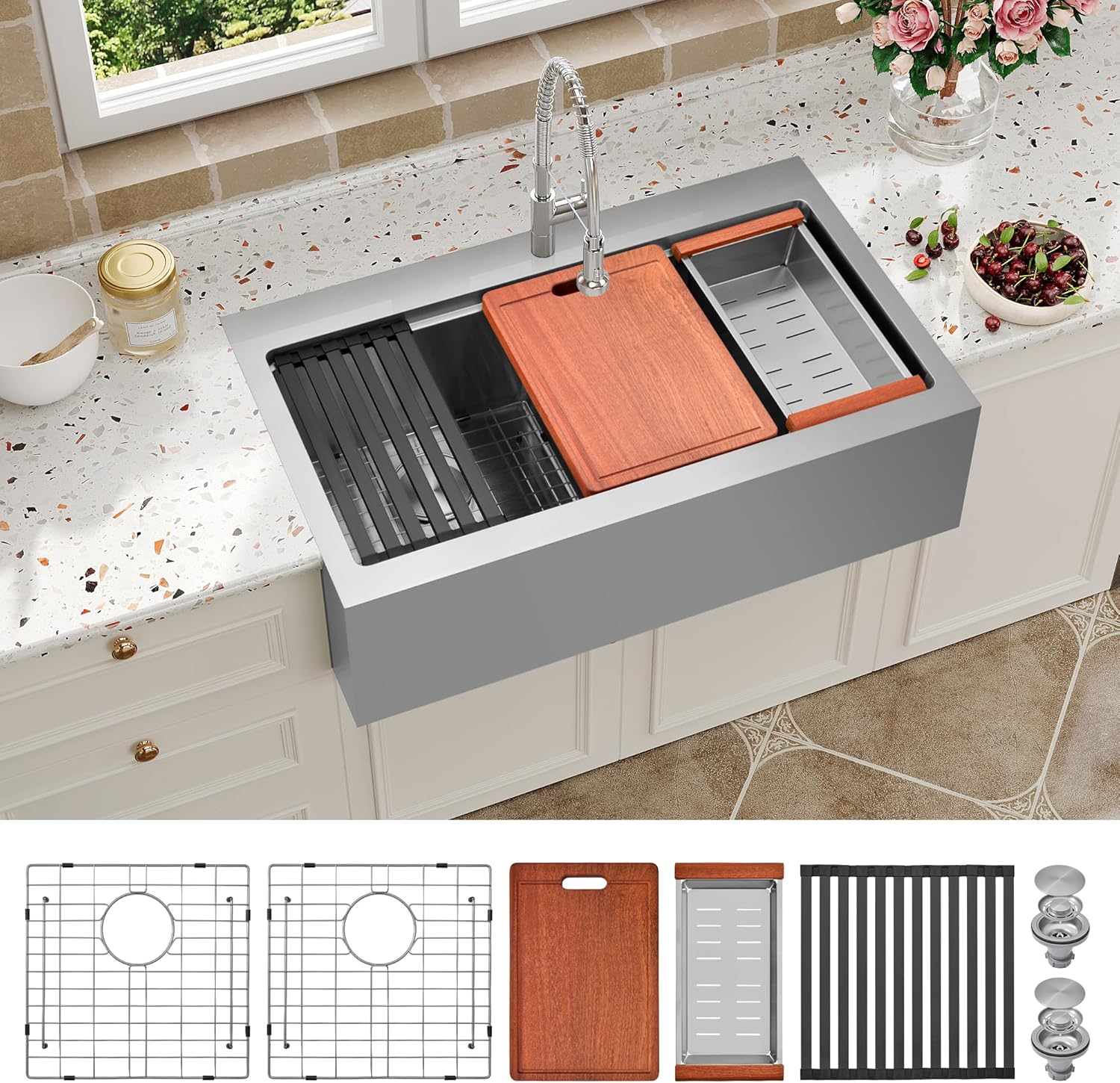 Farmhouse Kitchen Sink 36 x 22 Drop In, 50/50 Double Bowl Farm Sinks, 16 Gauge Stainless Steel Workstation Sink with Ledge & Accessories, 36 Inch Large and Deep Farm house Apron Front Sink