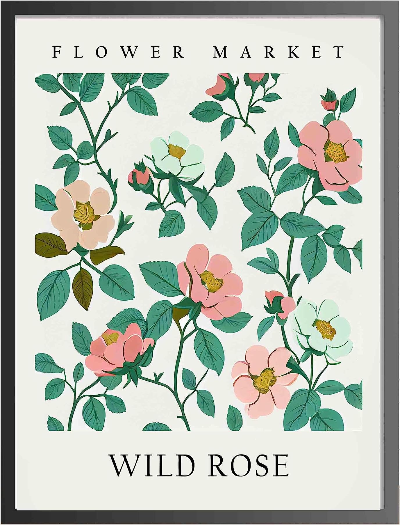 Wild Rose Art Print, Flower Market Poster Wall art Decor, Botanical Floral Artwork for Bedroom, Bathroom, Living room Decoration (Wild Rose, 16x20 inches + (Black Frame))