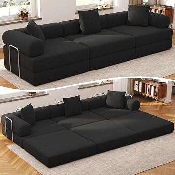 DURASPACE 117.6 Convertible Sofa Bed, Chenille Folding Floor Sofa Bed with Fixed-Shape Frame, Modular Sectional Boneless Couch for Living Room, Deep Seat, Pillows, No Assembly Black