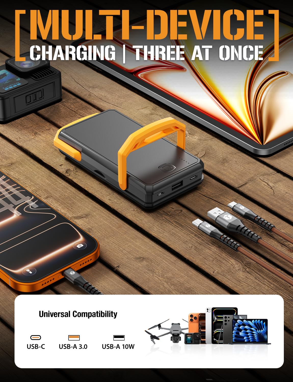 ToughTested Cargador portátil de energía solar dual de 10.000 mAh, batería externa IP65 impermeable y linterna LED de 18
