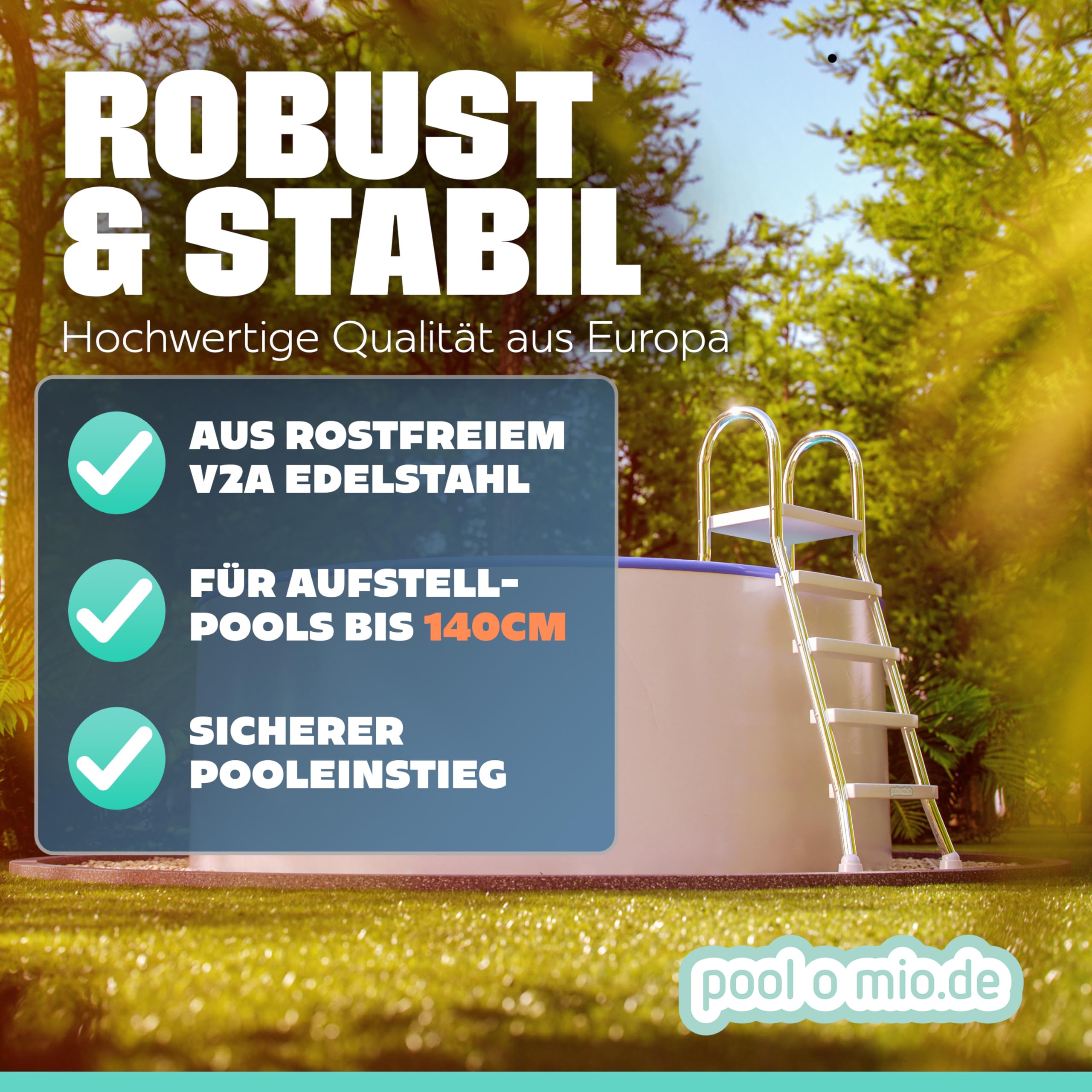 poolomio® Drabina basenowa ze stali nierdzewnej z poręczą do 140 cm, drabina wejściowa z 4 stopniami do basenów rozkładanych do 1,40 m wysokości, bezpieczne wejście, trwała, stabilna, nośność 150 kg