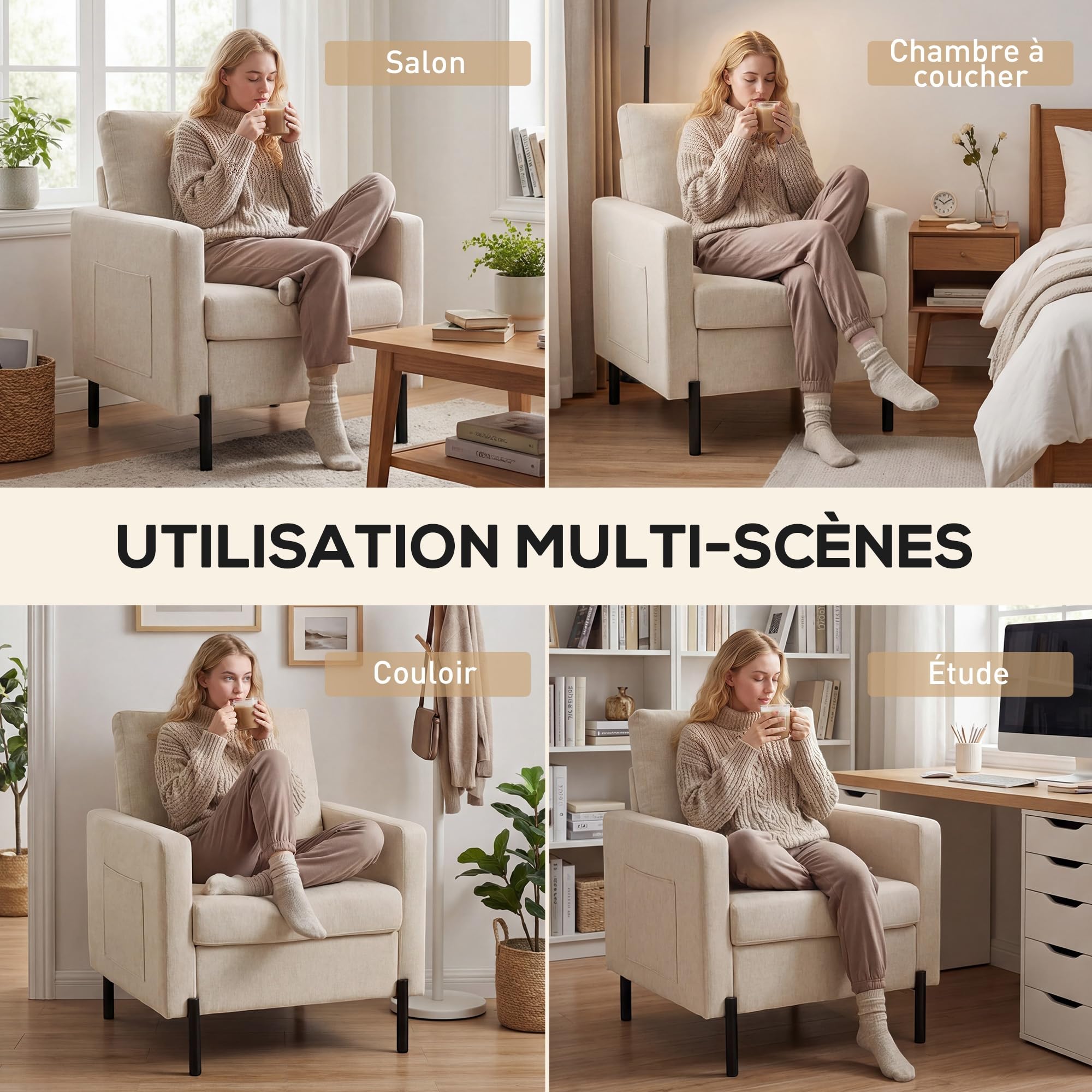 HOMCOM Fauteuil de Salon, canapé 1 Place rembourré avec accoudoirs, Assise Large et Pieds en Acier, Tissu Effet Lin, Style Moderne, pour Chambre à Coucher, Salon, Bureau, Beige