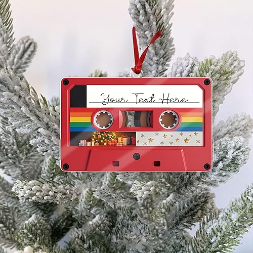 Miniatura 3 de Adorno de Navidad con cinta de casete personalizada, plano 2D, decoración musical retro con diseño de arcoíris, adorno único de árbol para fanáticos