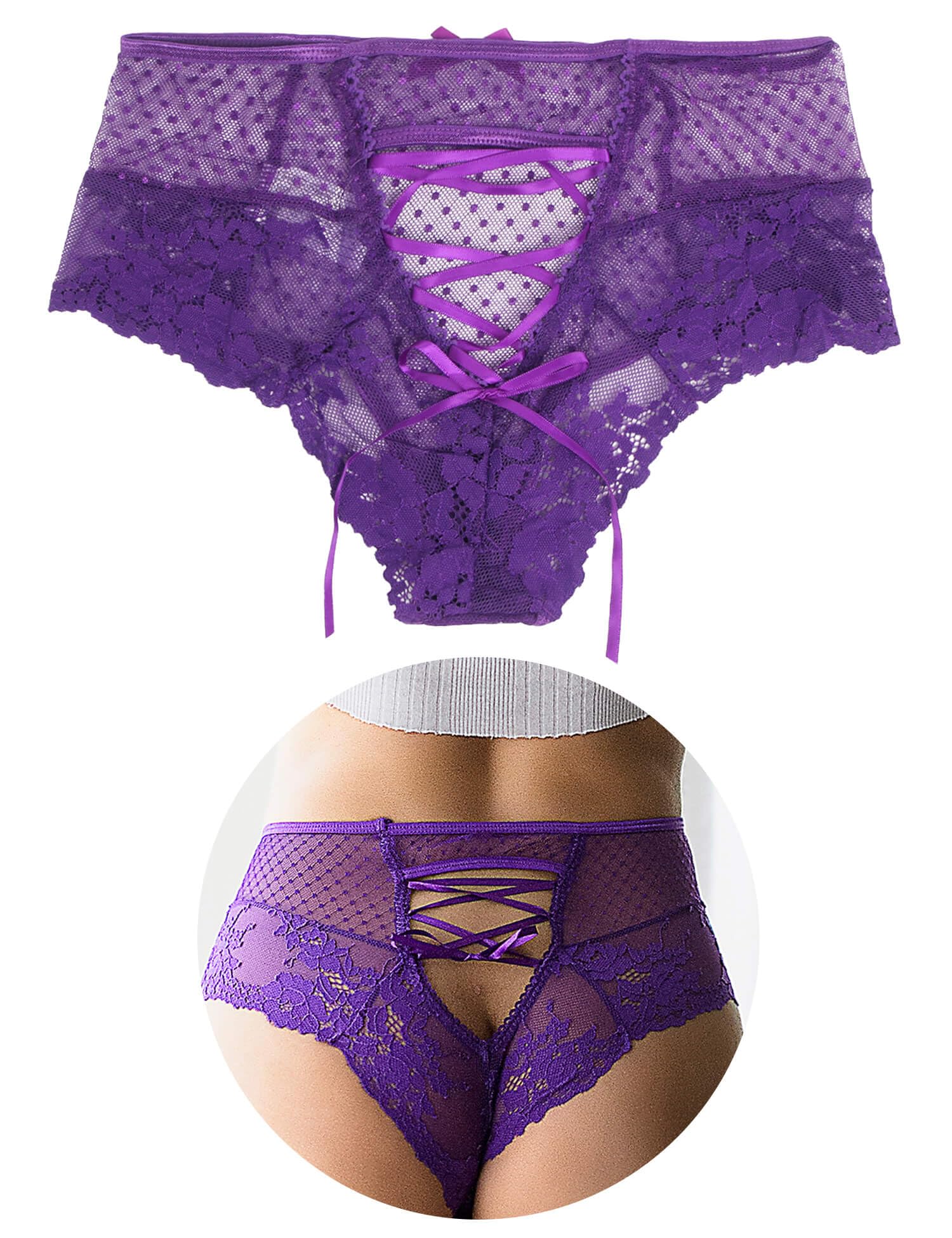 ohyeahlady Brazilian Slip Damen Spitze Unterwäsche Frau Sexy Höschen Große Größen Panty Dessous G String Tanga High Waist Underwear Curvy Briefs Atmungsaktiv Lila XXL
