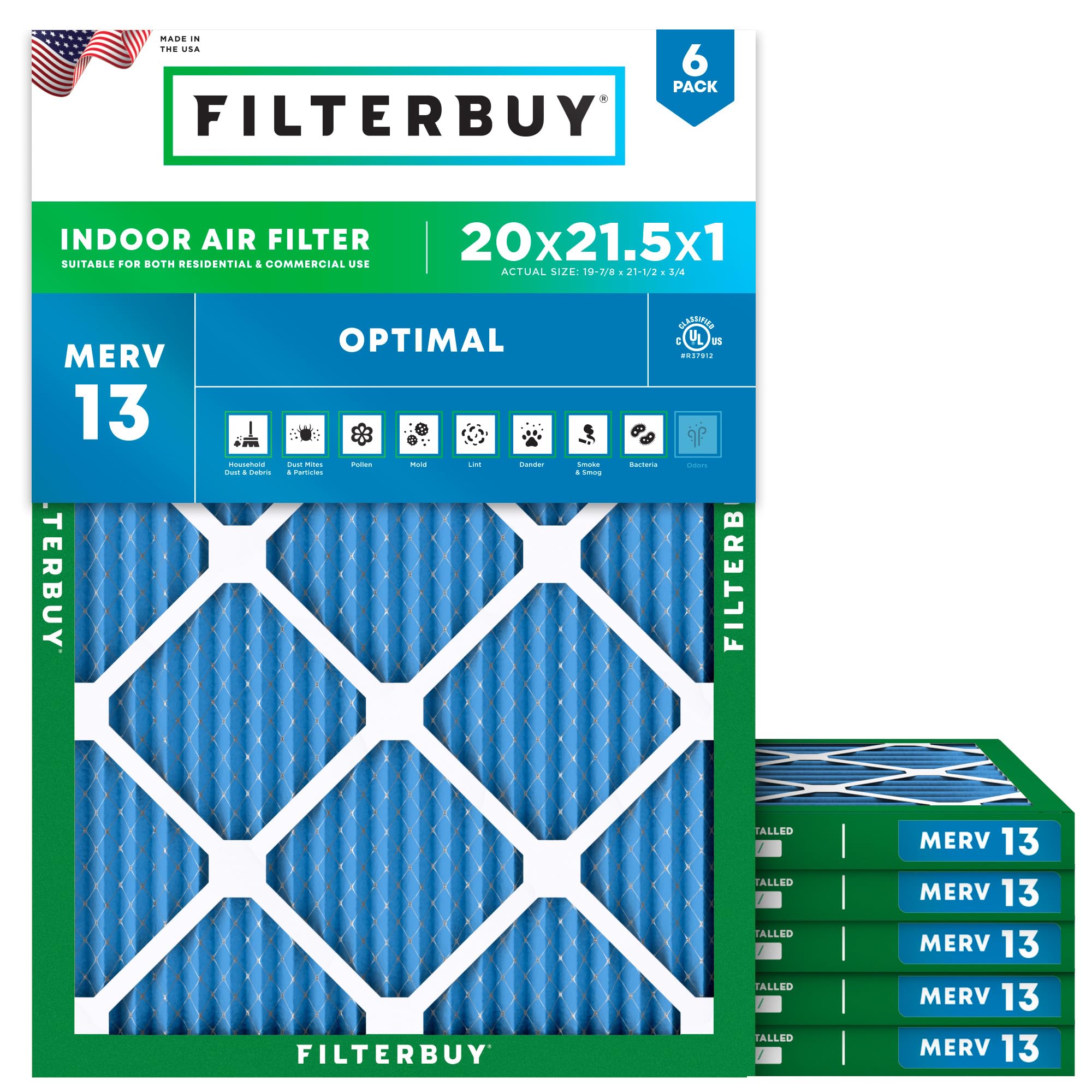 Filterbuy 20x21.5x1 Air Filter MERV 13 Smoke &amp; Allergy Defense (6-Pack)