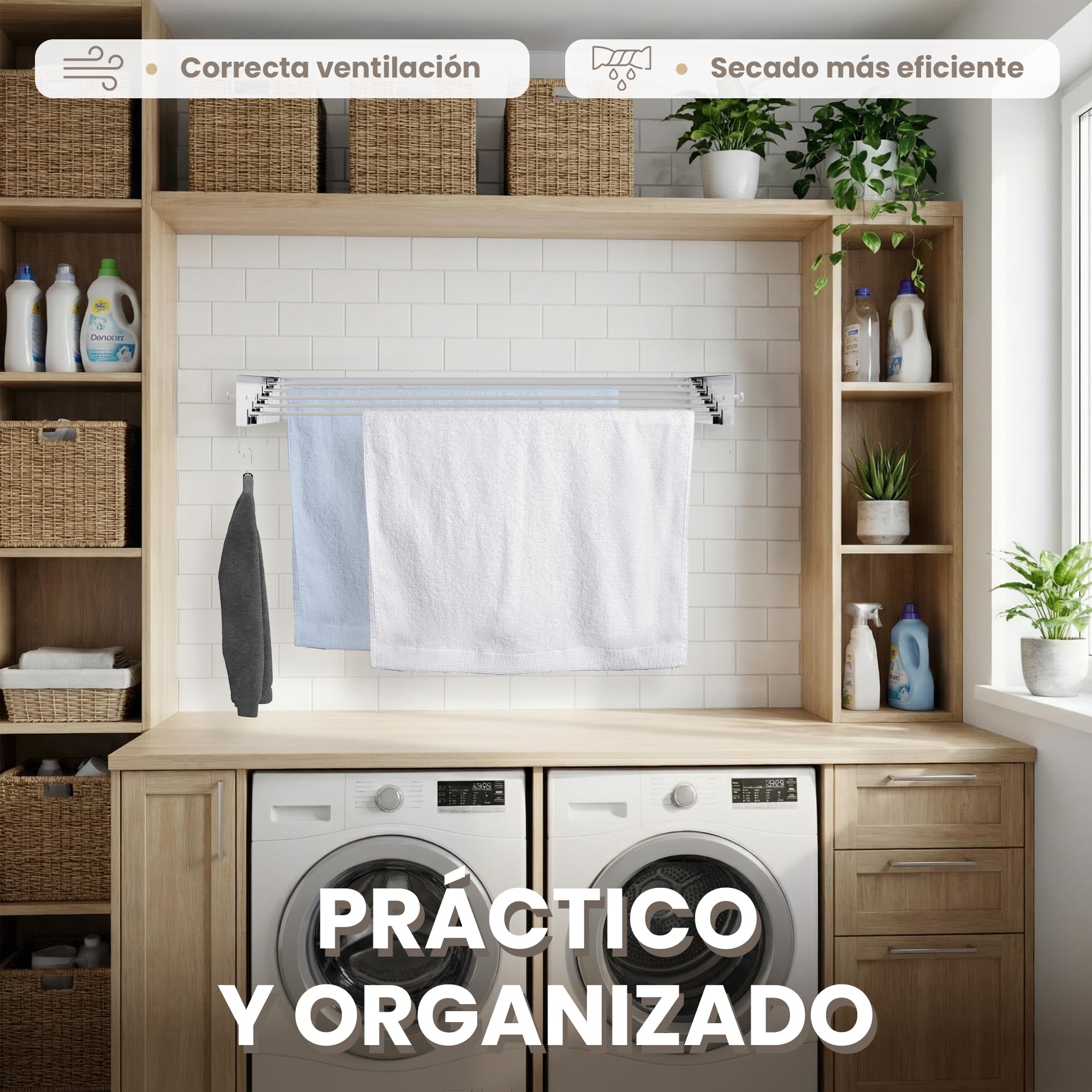 Tendedero Pared Plegable Extensible 100 Cm Aluminio Blanco Resistente Anticorrosión Para Baño Lavadero Balcón Con 5 Varillas 6 Ganchos 2 Soportes Colgantes Ahorra Espacio Secado Eficiente (grande)