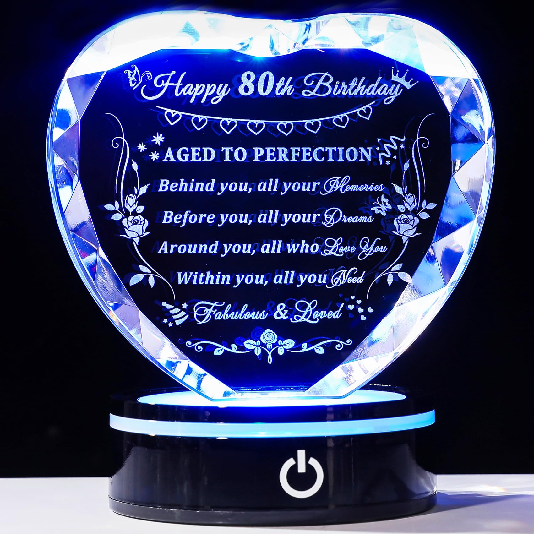 YWHL 80th Birthday Gifts for Women Men Born in 1943, Crystal Heart with Colorful Light Base Happy 80th Birthday Decorations, Birthday Gifts for 80