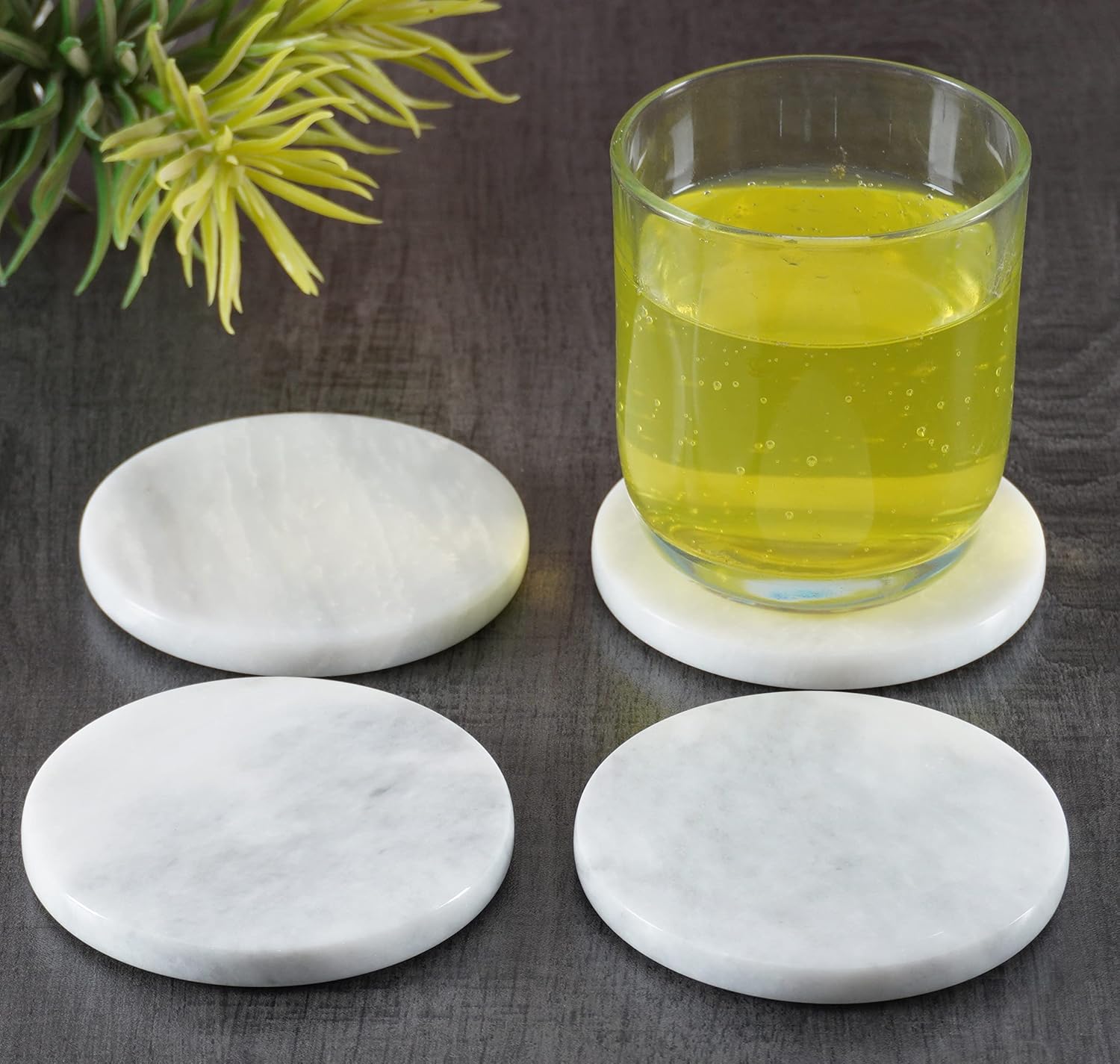 Coaster Set of 6 White Handmade Marble Warming Coffee 3.5 Inches Round Coasters Set for Mug Glass Drinks - Non Plastic Non Tile - Ideal for Car and Outdoor Pot Mat Caddy Kitchen Cup Pad Coaster Sets