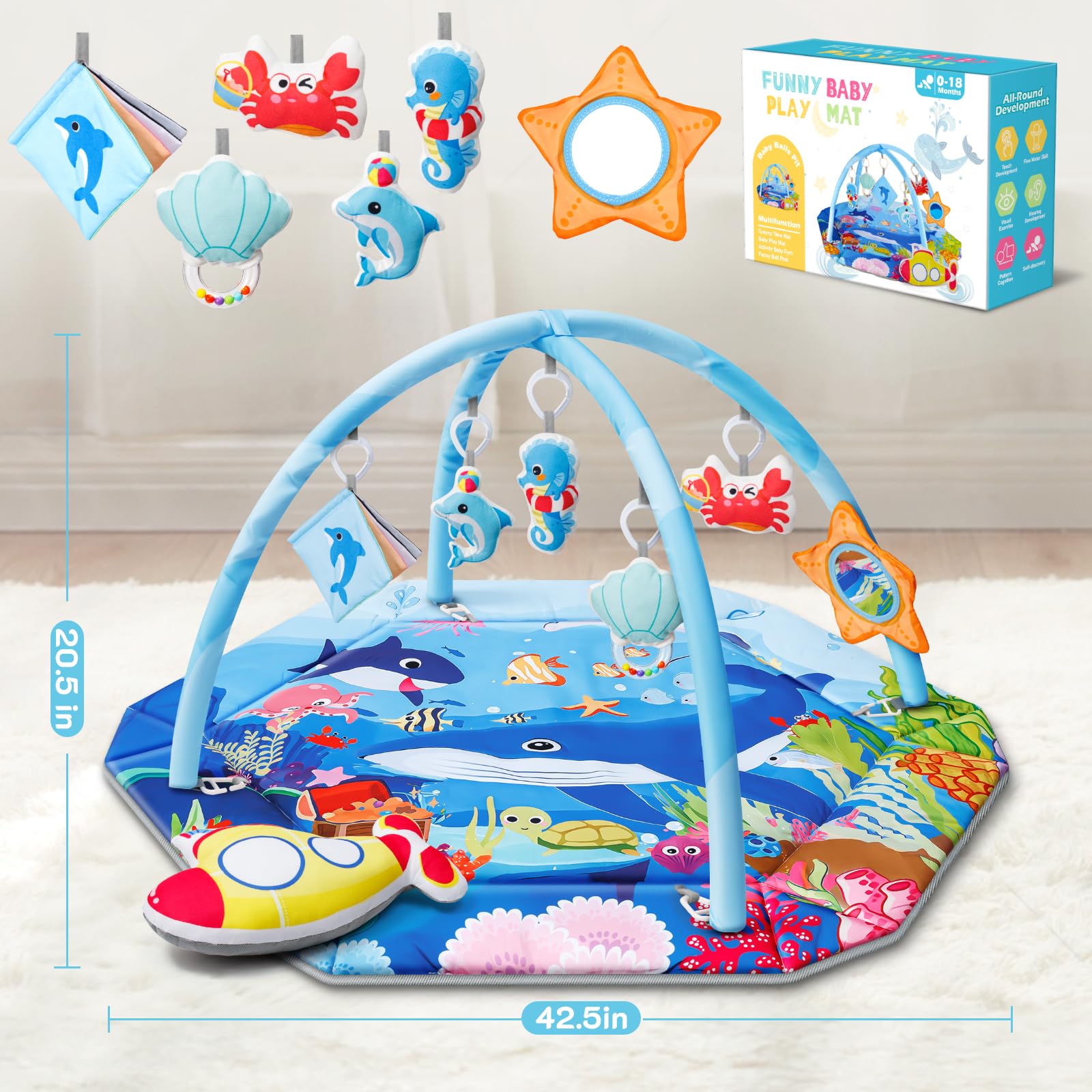 Tapete de juego para gimnasio para bebé, 8 en 1, tapete para el tiempo boca abajo y hoyo de bolas, tapete de juego lavable para actividades visuales, auditivas, sensoriales, desarrollo motor, juguetes 7