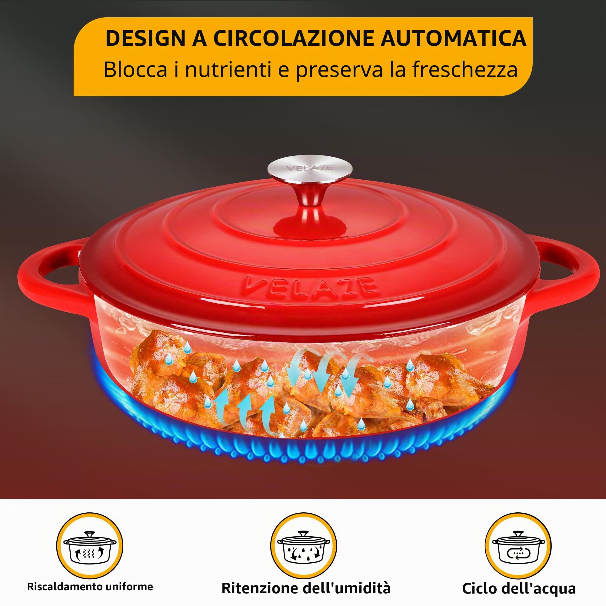 Velaze Casseruola in Ghisa, Pentola a Induzione per Stufati e Brasati, Cocotte Casseruola con Coperchio in Rivestimento Smaltato, Forno Olandese, Rosso, Rotondo - 28cm, 3.5L