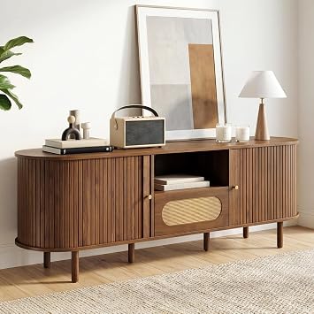 63 Tambour TV Stand with Power Outlet for TVs up to 70 in,Mid-Century Modern TV Entertainment with 3 Cable Management Holes,Rattan Drawer & Fluted Sliding Doors,Media Console with Solid Wood Legs