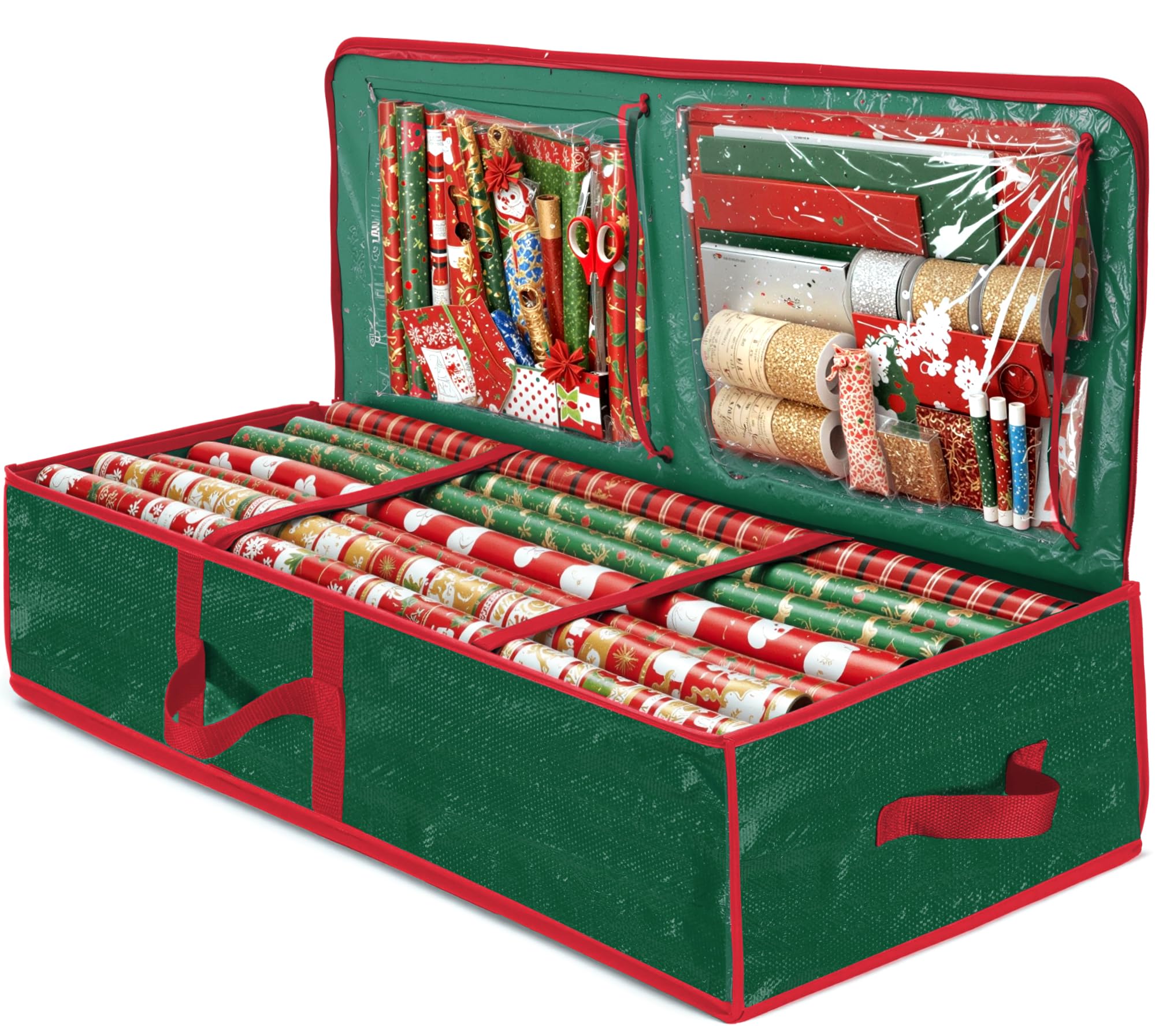 ZOBER Gift Wrapping Paper Organizer Storage - 40" Gift Wrap Storage Containers with Interior Pockets for Bows, Tags & Ribbons - Wrapping Paper Holder, Waterproof, Fits 24 Standard Rolls, Green