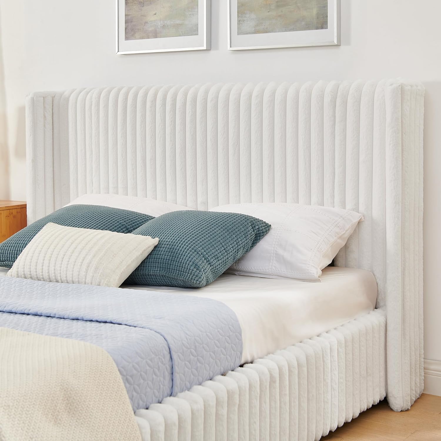 Queen Bed Frame with Storage, Upholstered Platform Bed Frame with Plush Rabbit Fur Headboard, Adult Floor Bedframe with Wooden Slats Support, No Box Spring Needed for Bedroom, Apartment, Beige