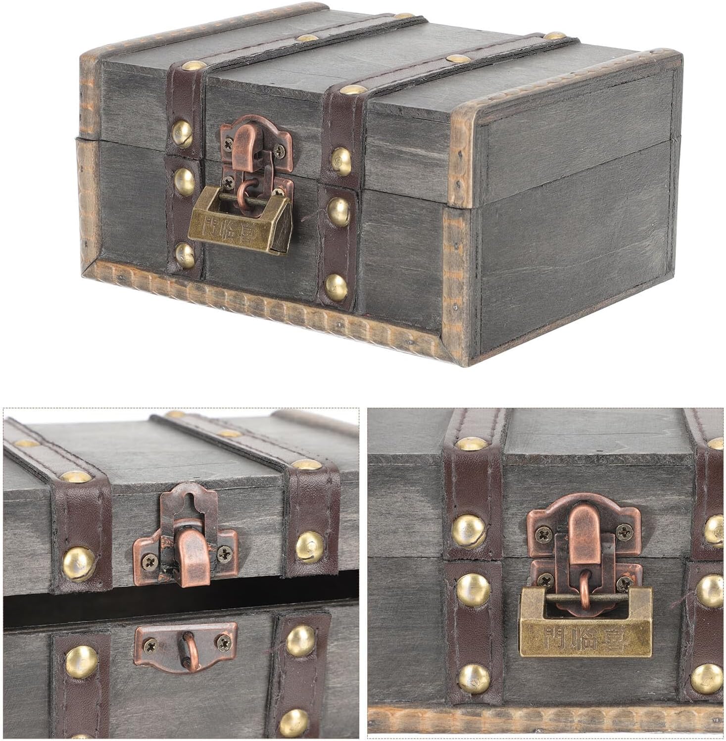 Vintage Jewelry Box with Lock, Small Wooden Necklace Storage Case, Retro Jewelry Organizer for Bracelets and Trinkets, Gray Distressed Finish, Secure Storage for Travel and Home