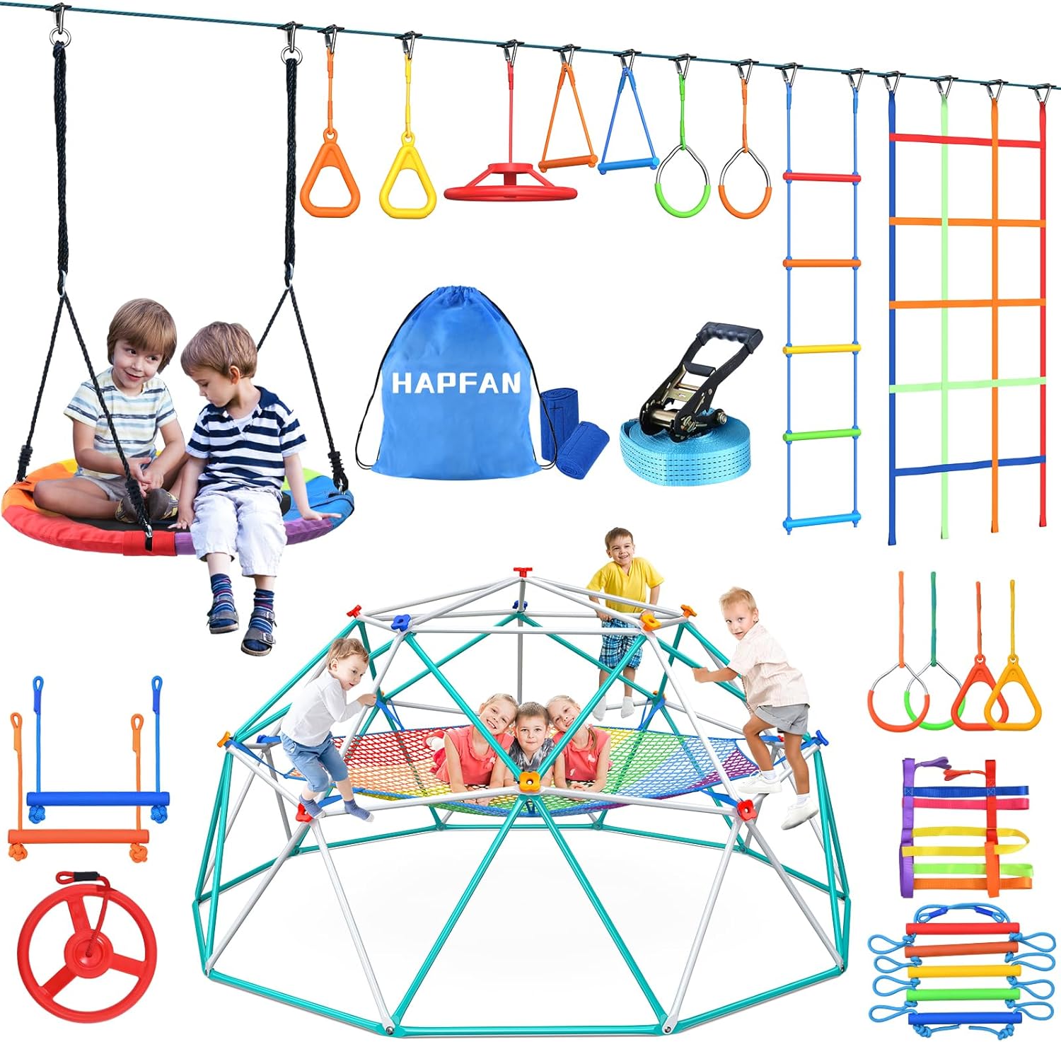 Hapfan Jungle Gym Bundle-50 FT Ninja Playset Outdoor and 10 FT Climbing Dome