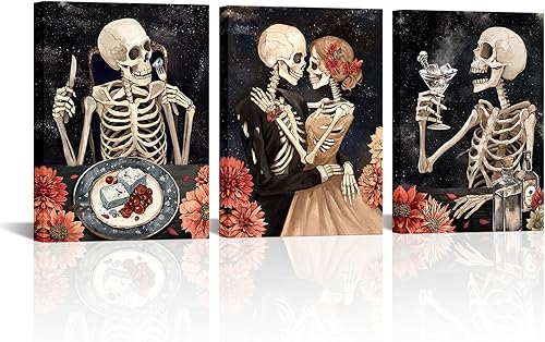 FuShvre Arte de pared gótico para comedor, cuadros de esqueleto, pintura sobre lienzo, romántica para el hogar, cocina, restaurante, decoración de