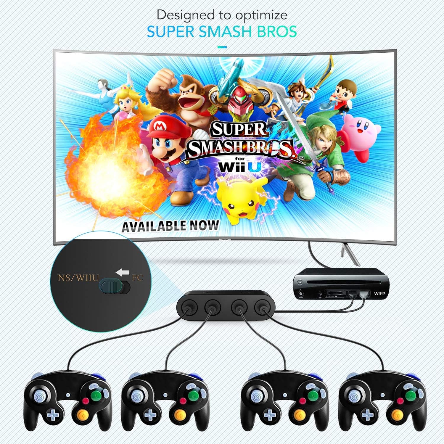 Switch GameCube Controller Adapter, Super Smash Bros GameCube Converter for Wii U, Nintendo Switch and PC USB with 4 Ports Black, No Drivers Need, Black