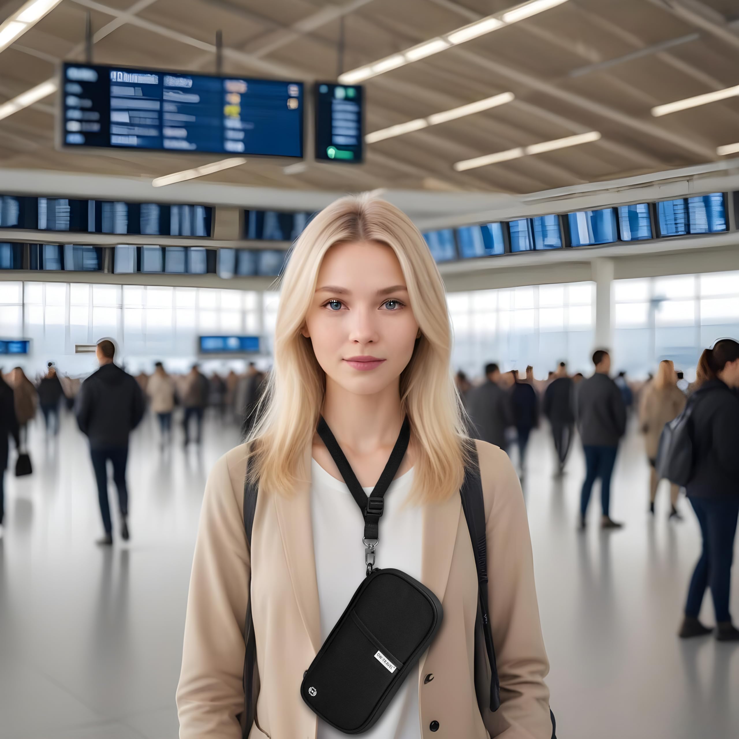 OW-Travel Etui na Paszport i Dokumenty (czarny) z ochroną RFID. Pojemne etui na paszport 4 paszporty na bilety lotnicze. Dołączone paski na nadgarstek i szyję bez użycia rąk