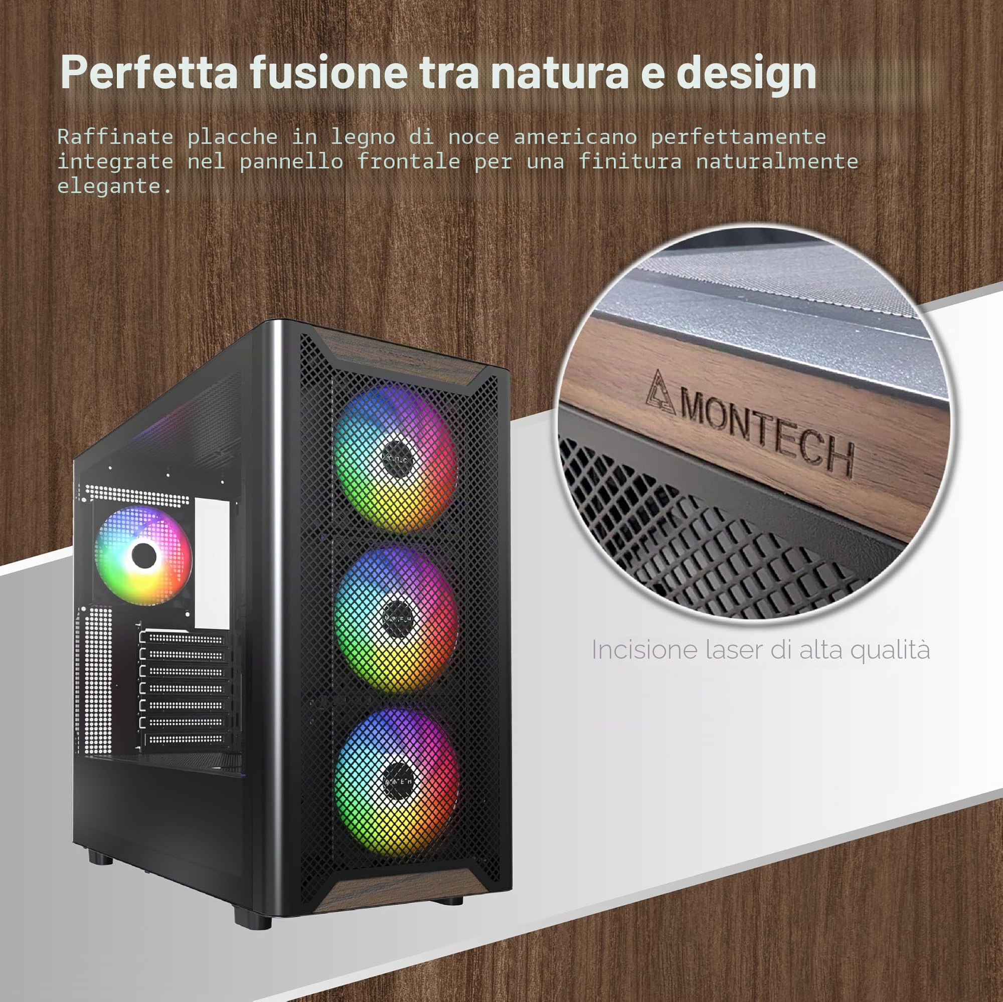 MONTECH XR Wood,Genuine Black Walnut Front, ATX Mid-Tower PC Gaming Case, Glass Side Panel, 4 x 120mm GF120 ARGB PWM Fans Pre-Installed, White | Supporto GPU 420mm, Supporto radiatore 360mm, Maglia ad alto flusso d'aria, Vetro temperato, USB-C, Supporto G
