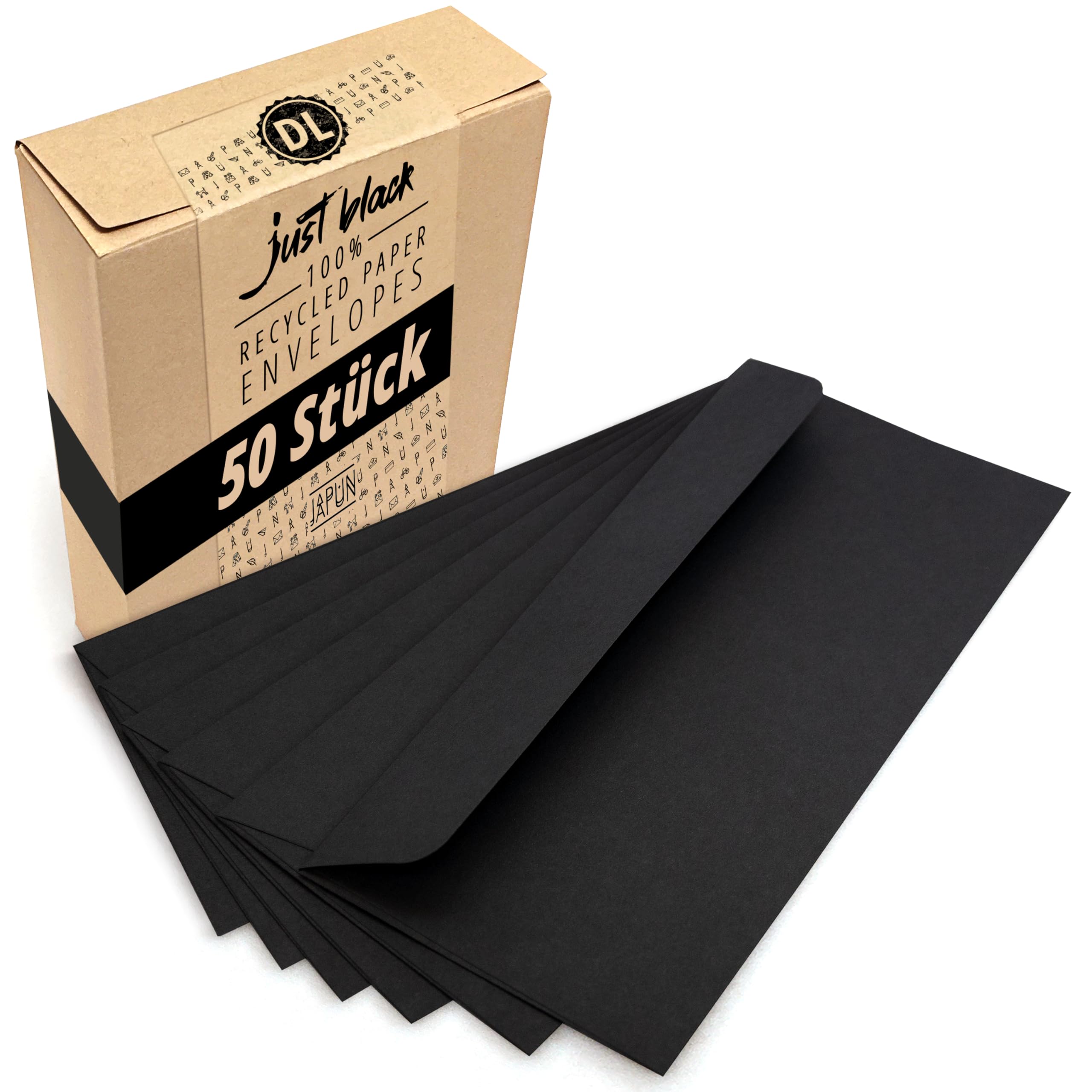 Japun - sobres (50 piezas) de papel, sobre sin ventana - DIN largo - 220x110 mm - negro
