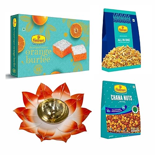 Haldiram's Nagpur Burfee naranja 17.64 oz, nueces de chana (7.05 oz), todo en uno (200 gm) con diya grande