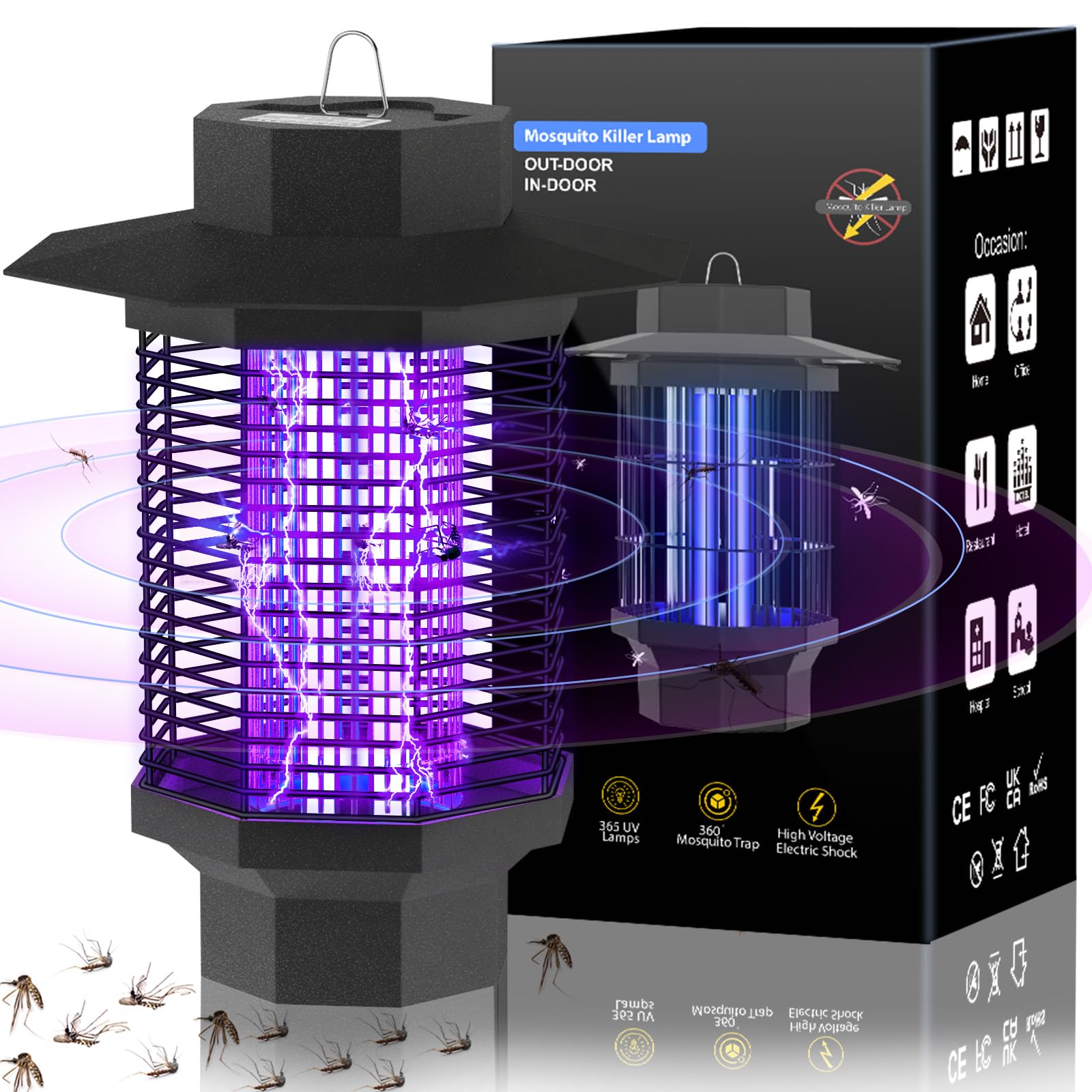 Elektrischer Insektenvernichter, Fliegenfalle Elektrisch 20W mit Staubschutzkappe, 4500V Elektrische Fliegenfalle, UV Mückenlampe IPX4 Wasserdicht, Doppelseitiges Gitter Hochwirksam gegen Mücken