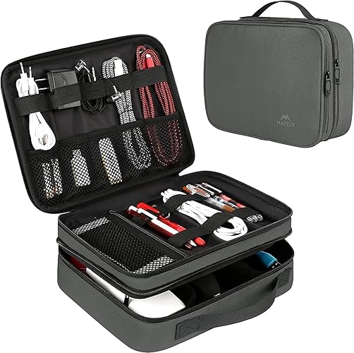 MATEIN Electronics Travel Organizer, Water Resistant Electronic Accessories Case with Handle, Portable Tech Travel Gifts for Men Double Layer Cable Storage Bag for Cord, Charger, Ipad Mini, Black - 6-Pink Medium