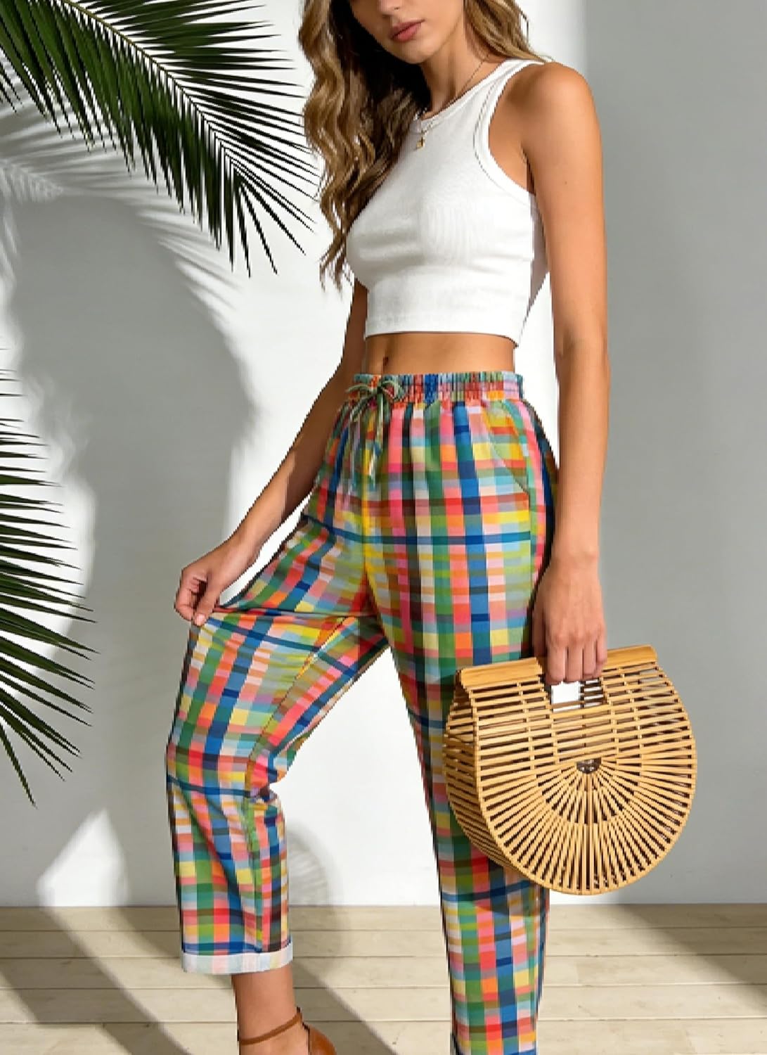 Women's Striped Gingham Harem Pants Summer Casual Loose Drawstring Plaid Trousers Beach Travel Bottoms with Pockets - Image 2