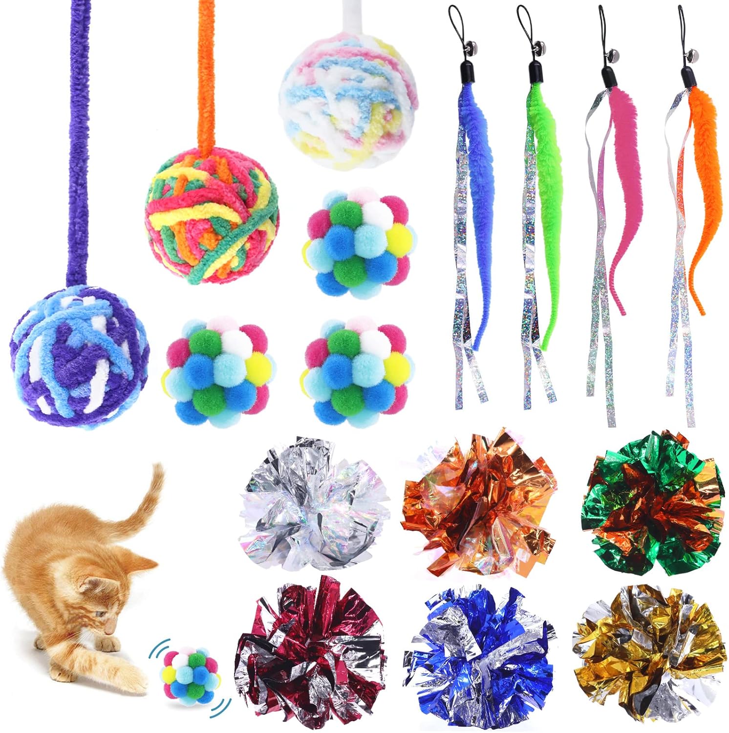 Cimeton 16Pcs Cat Toys Ball Cat Fuzzy Balls with Bell Inside, Cat Yarn Balls